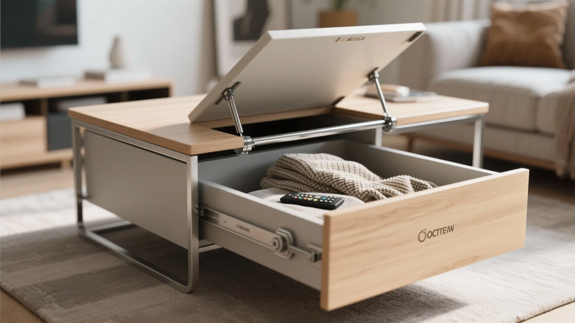 Modern wood coffee table with lift top and open drawer containing a remote and blanket