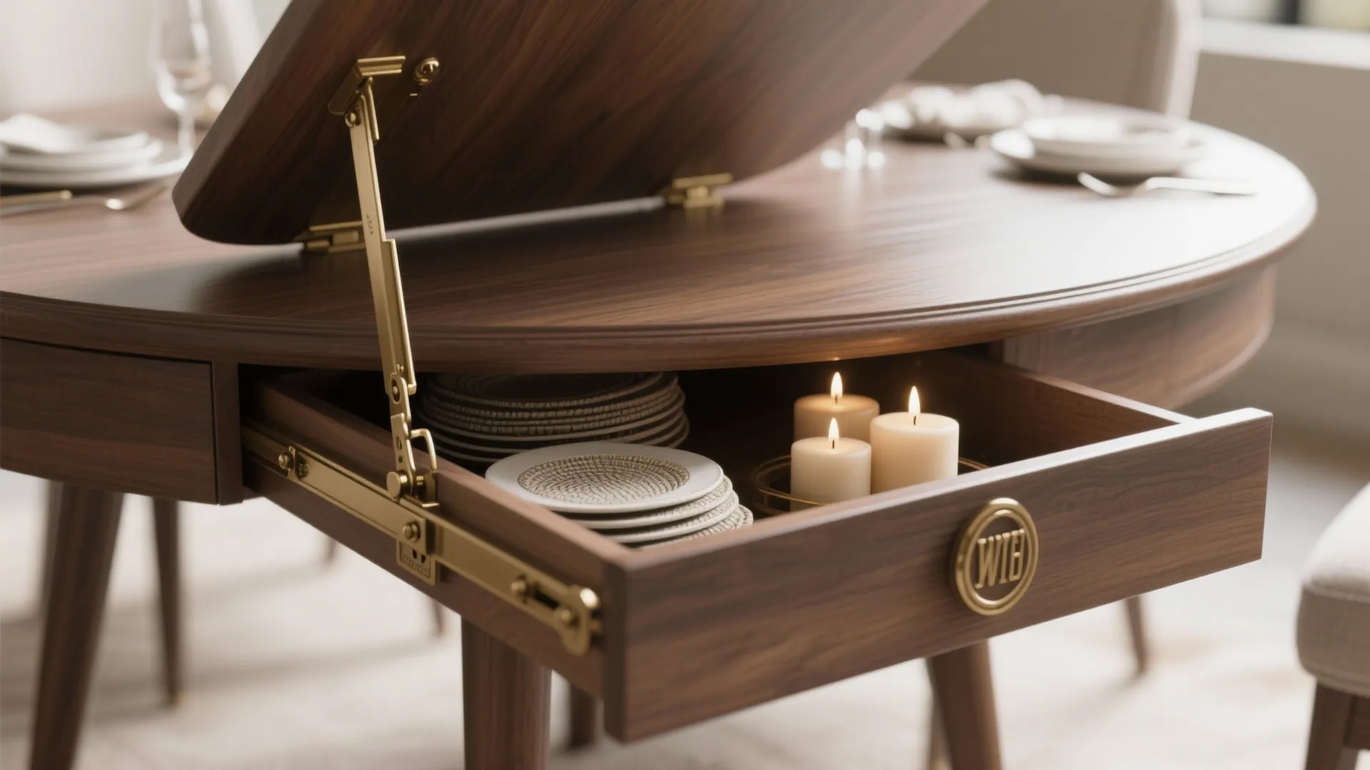 Close-up of a lift-top round table showing the hinge mechanism and internal storage compartment.