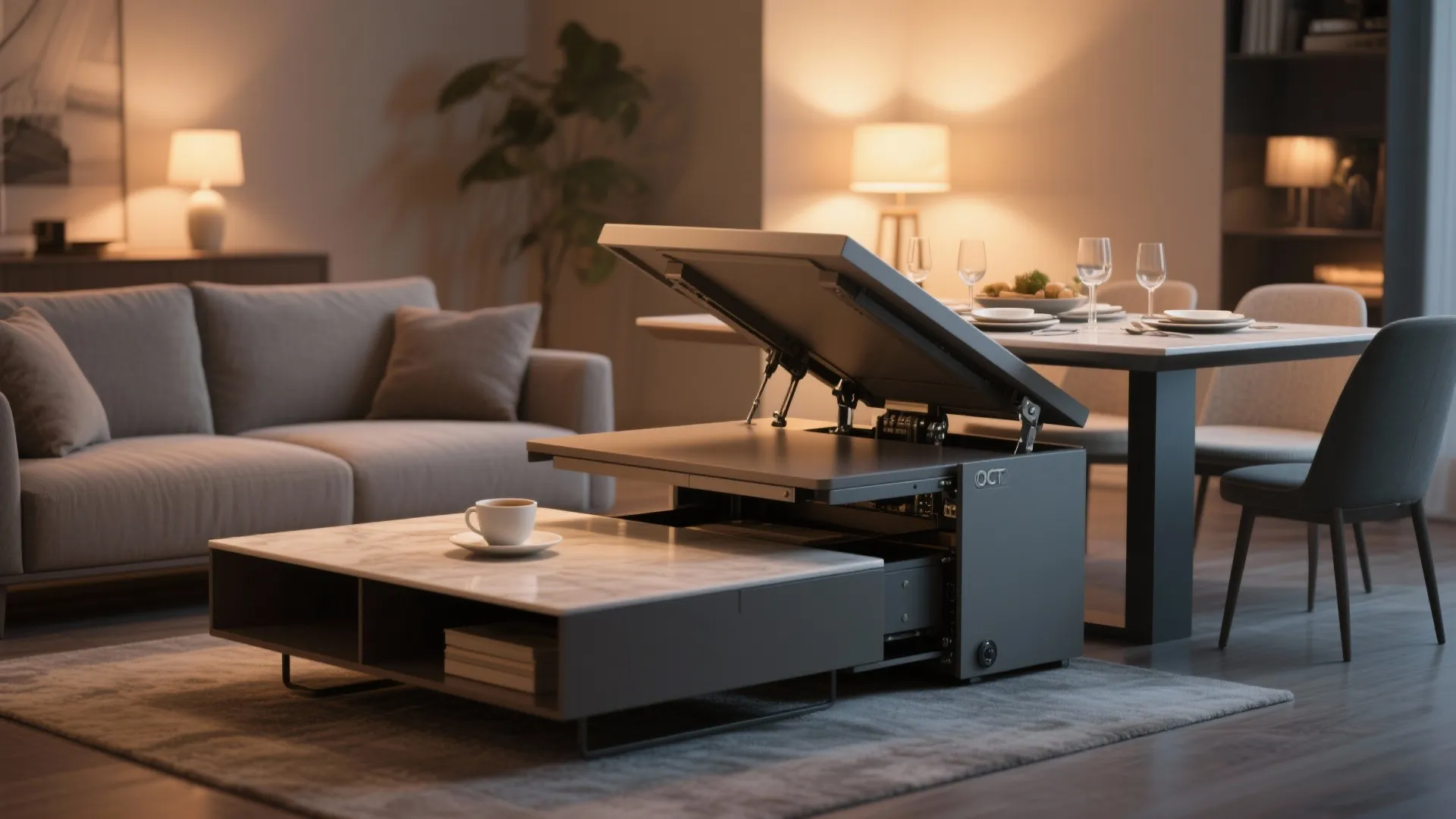 Modern living room showing a multifunctional black coffee table with an adjustable lifting marble top surface