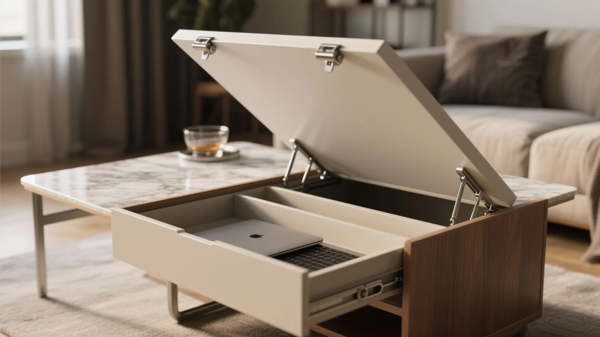 Modern wood and marble coffee table with a lifted top revealing a laptop in storage