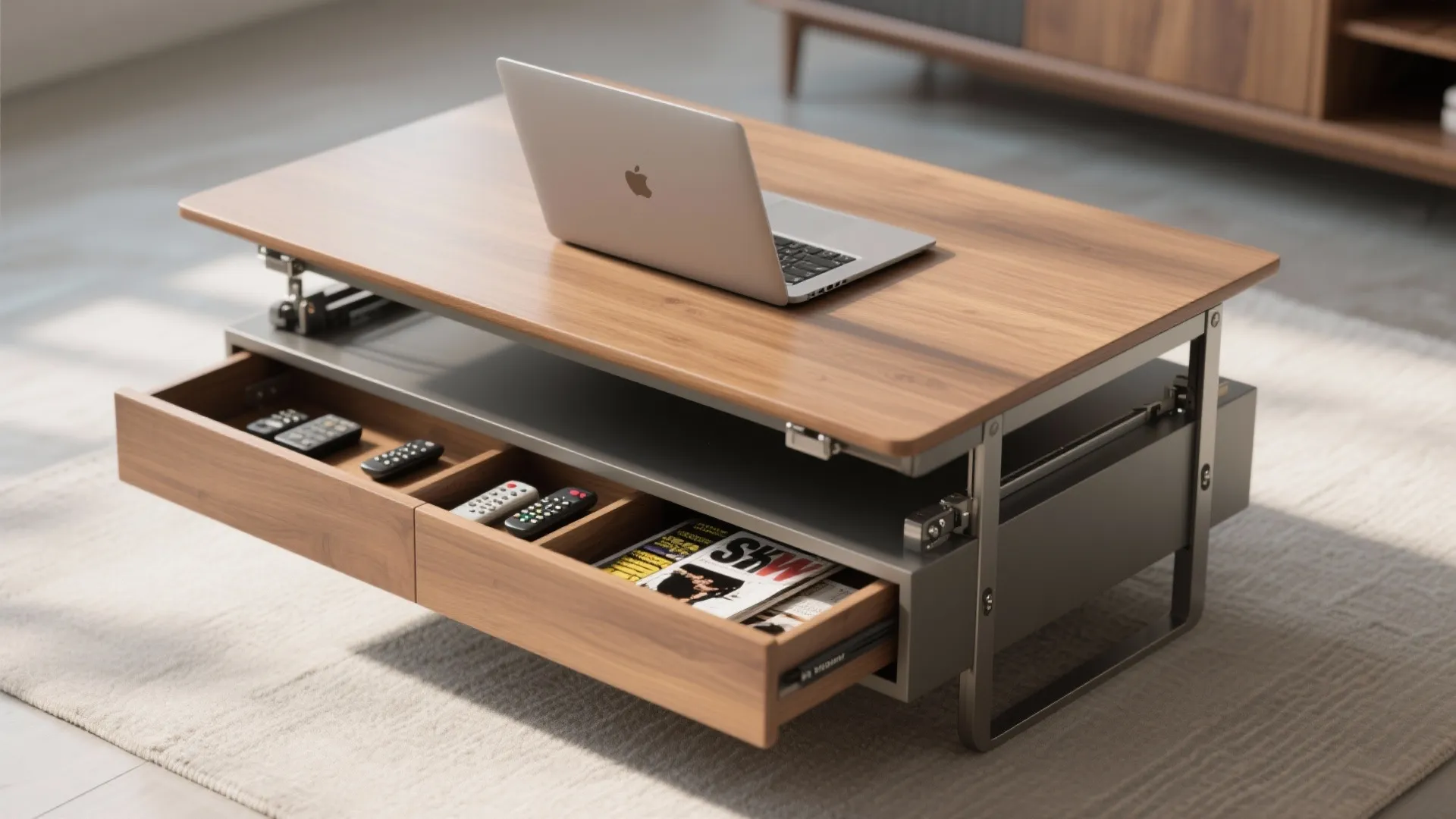 2. Lift-top coffee table that becomes a desk