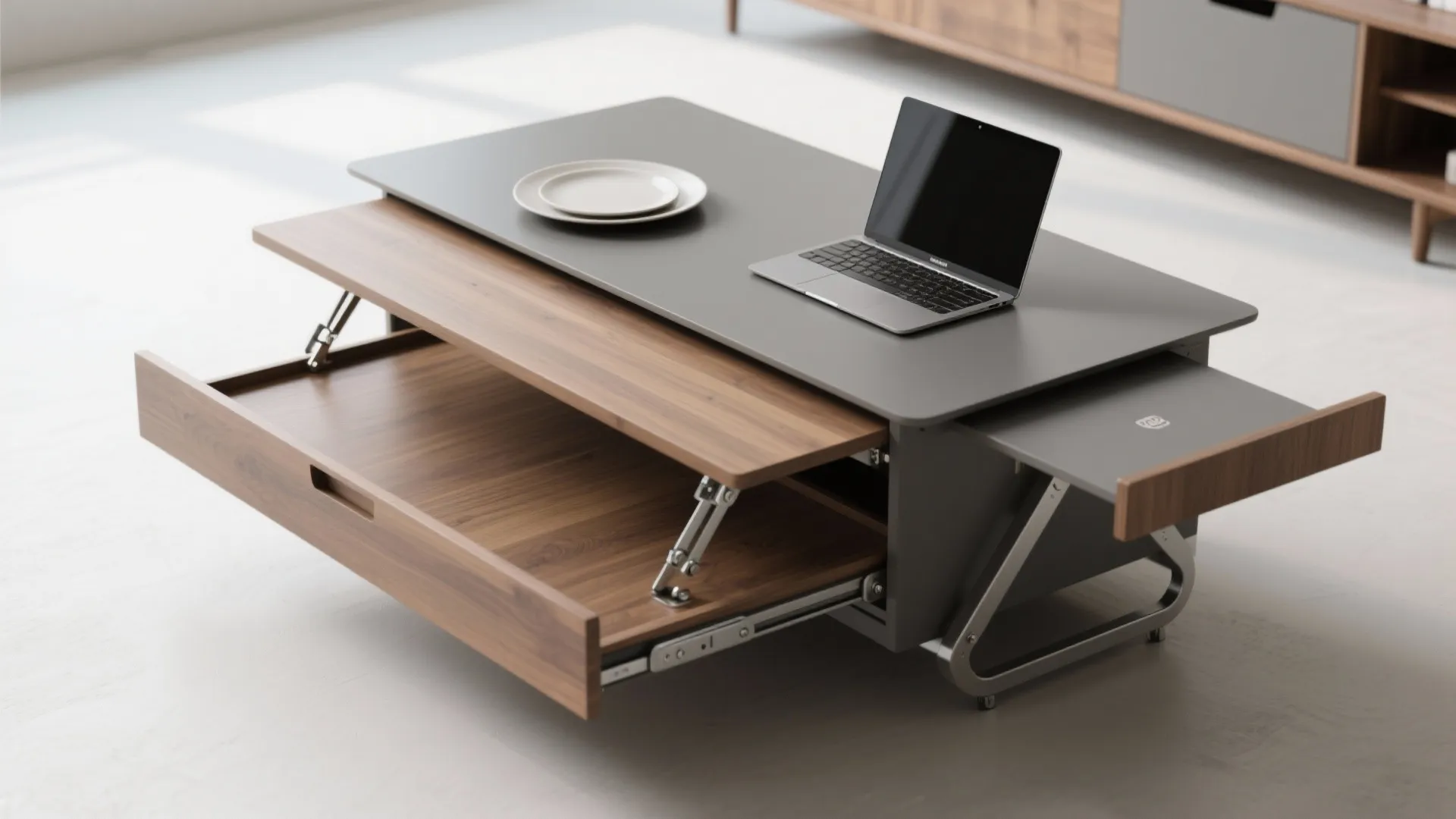 Top-down view of a lift-top coffee table being converted into a desk with visible hinge mechanism and items on the raised surface.