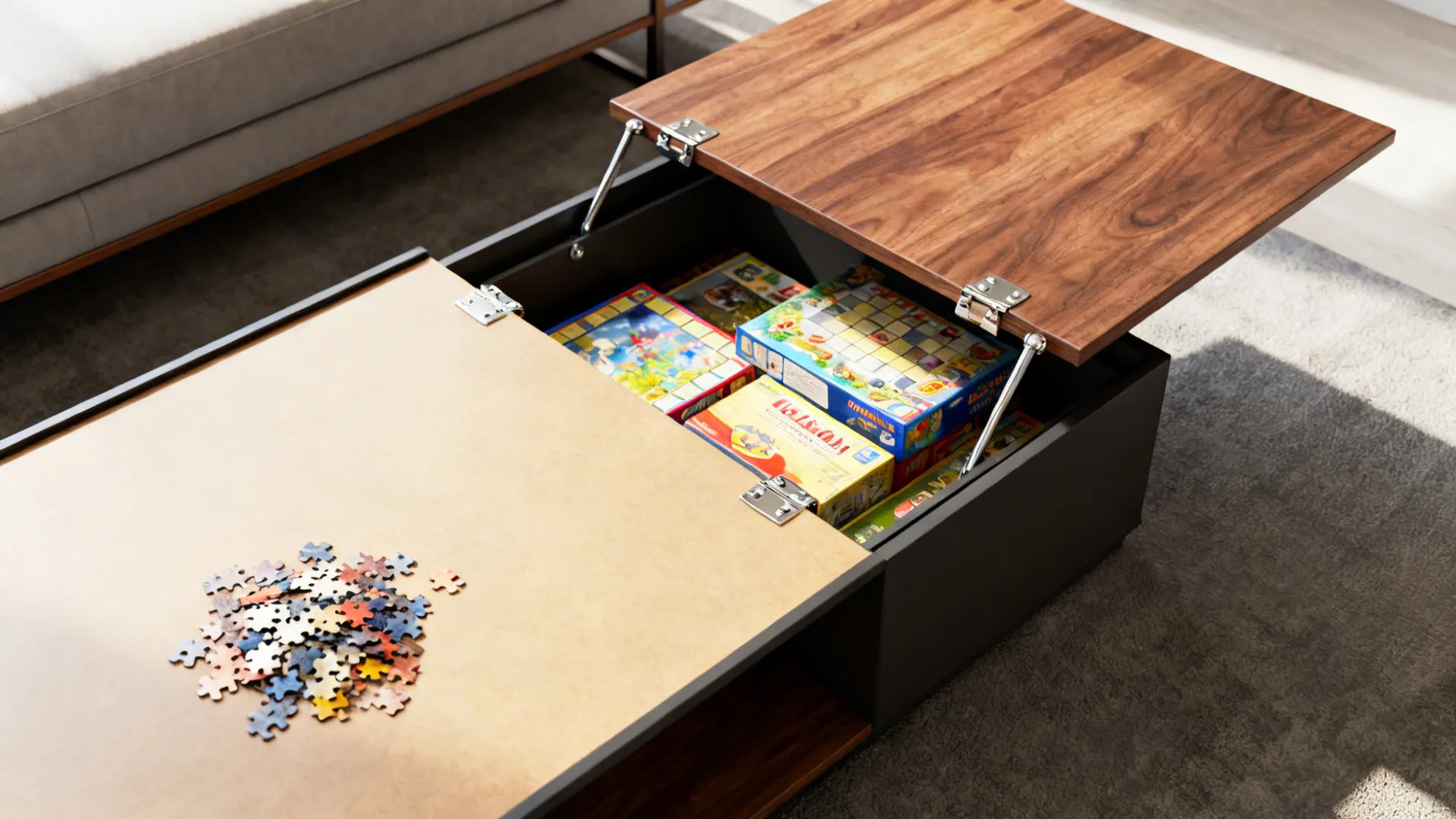 Top-down view of a lift-top coffee table opened to show toy and game storage