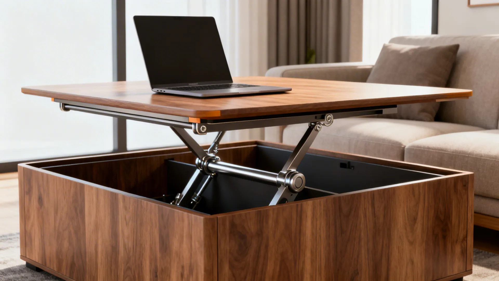 Convertible lift-top coffee table raised to dining height with visible storage compartment in a small living room.