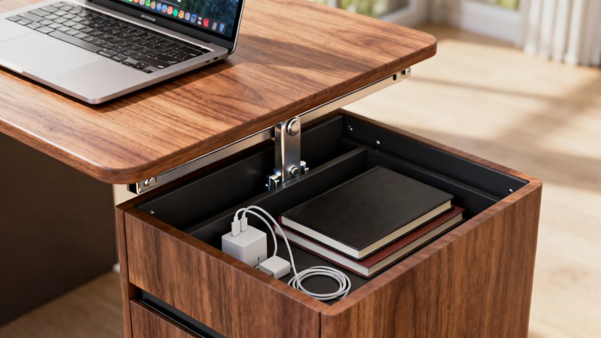 Lift-top side table raised to laptop height with chargers and notebooks stored underneath.