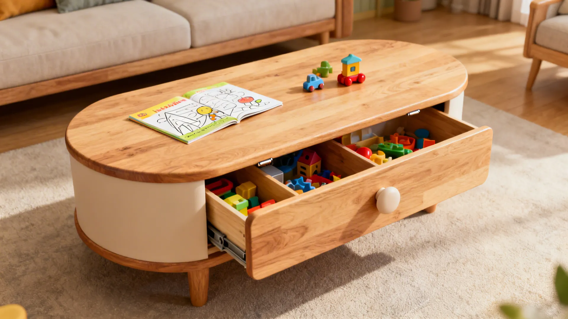 Wooden lift-top coffee table opened to show hidden toy compartments and rounded edges