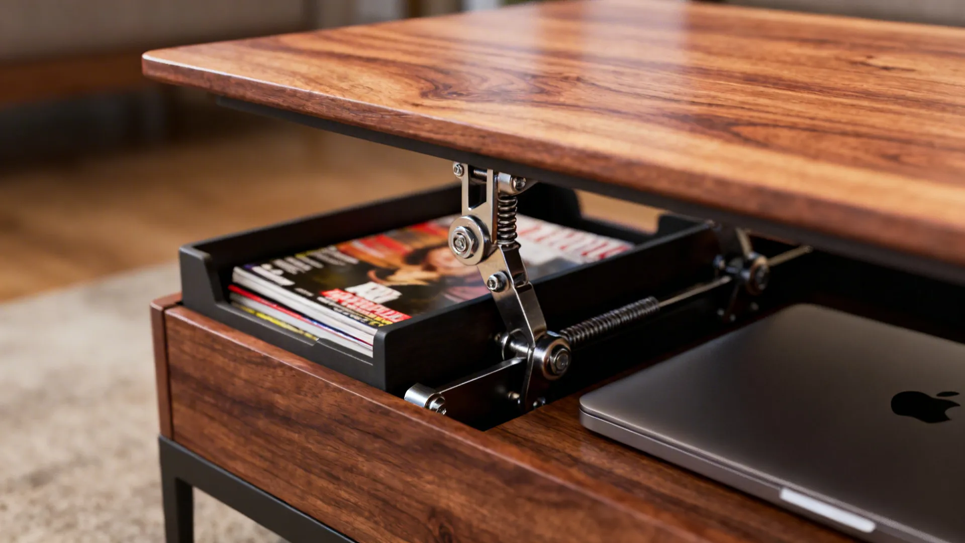 Close-up of a lift-top coffee table showing the raised top and hidden storage compartment
