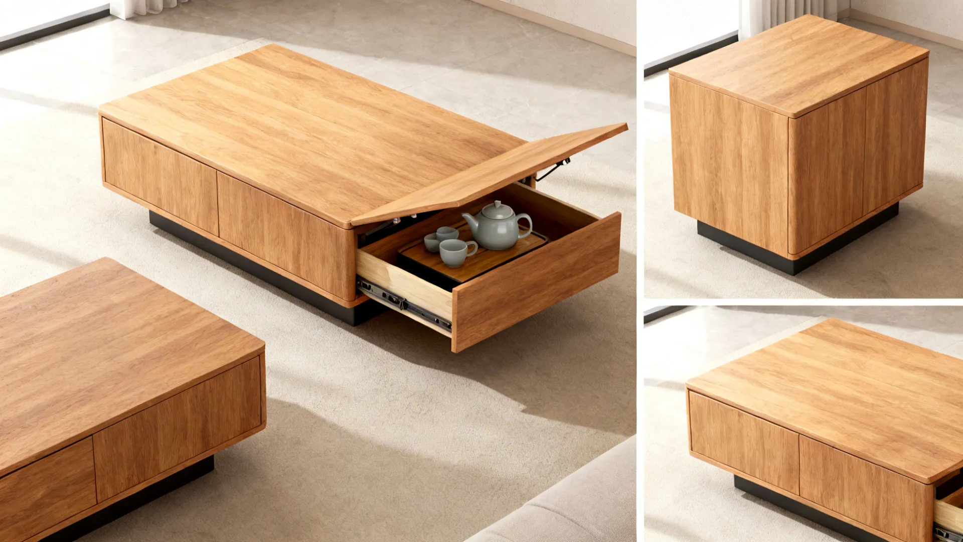 Modern wooden coffee table with lift top and drawer showing hidden storage for tea set