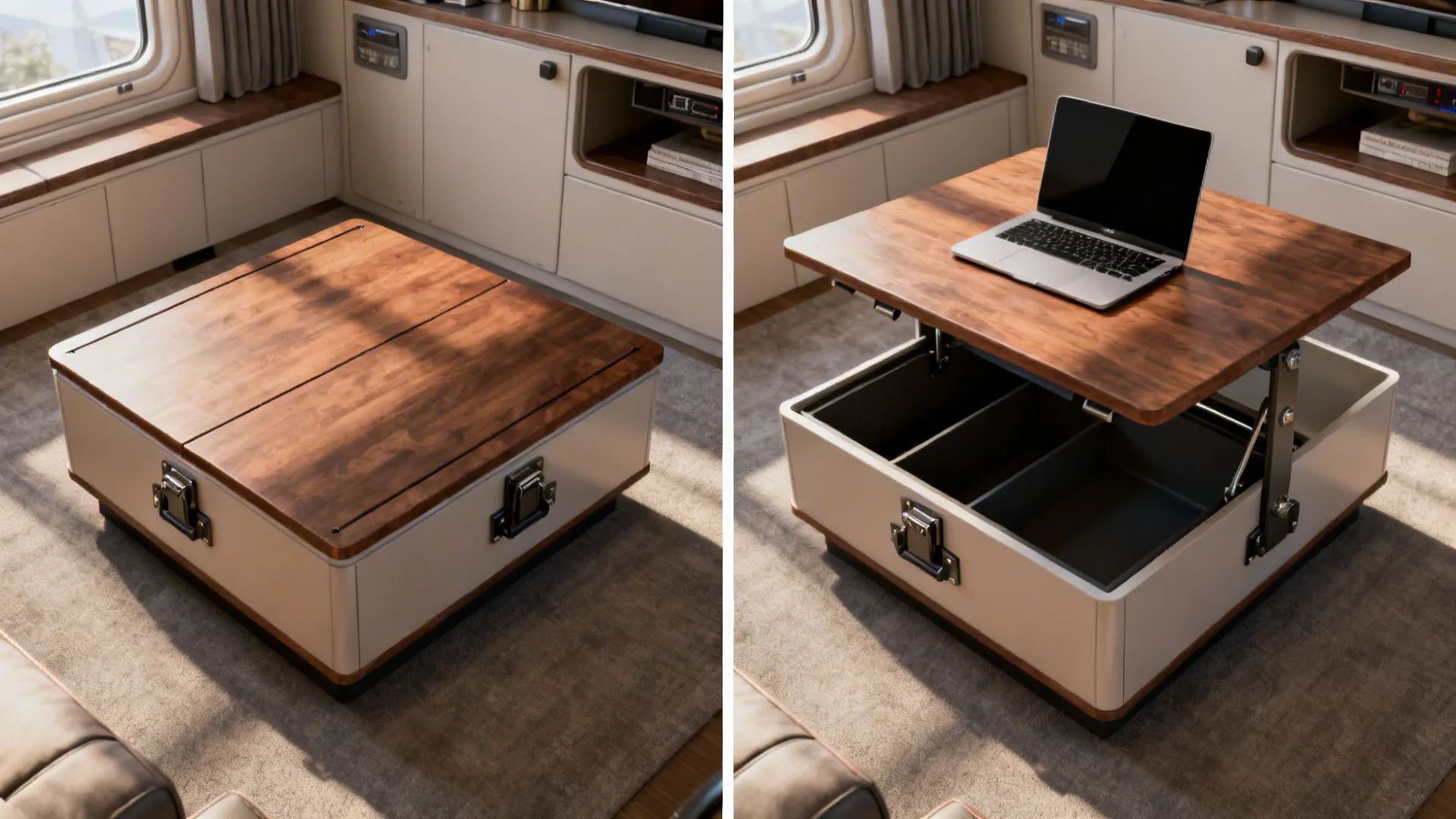 Lift-top coffee table shown closed and raised for laptop use, revealing hidden storage