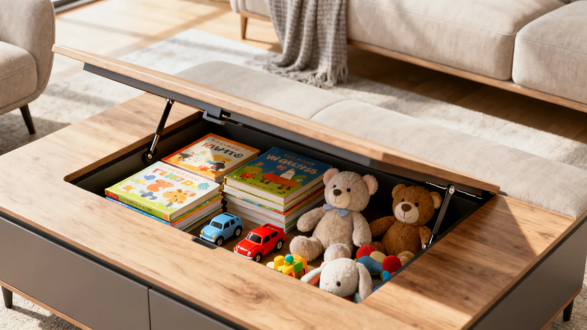 Lift-top coffee table open to show organized toy storage inside.