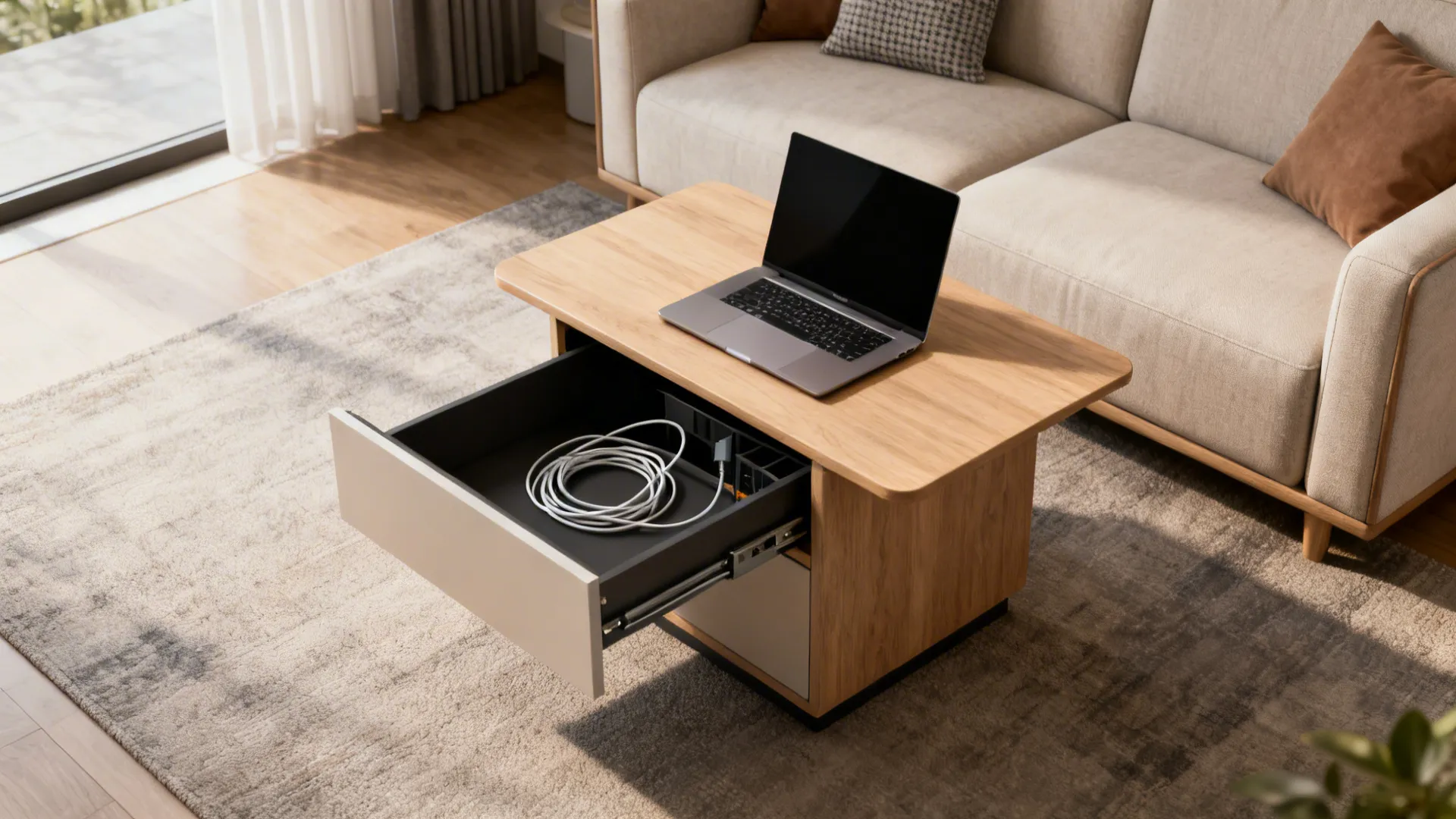 Wooden coffee table with laptop and open drawer showing white cable in bright living room