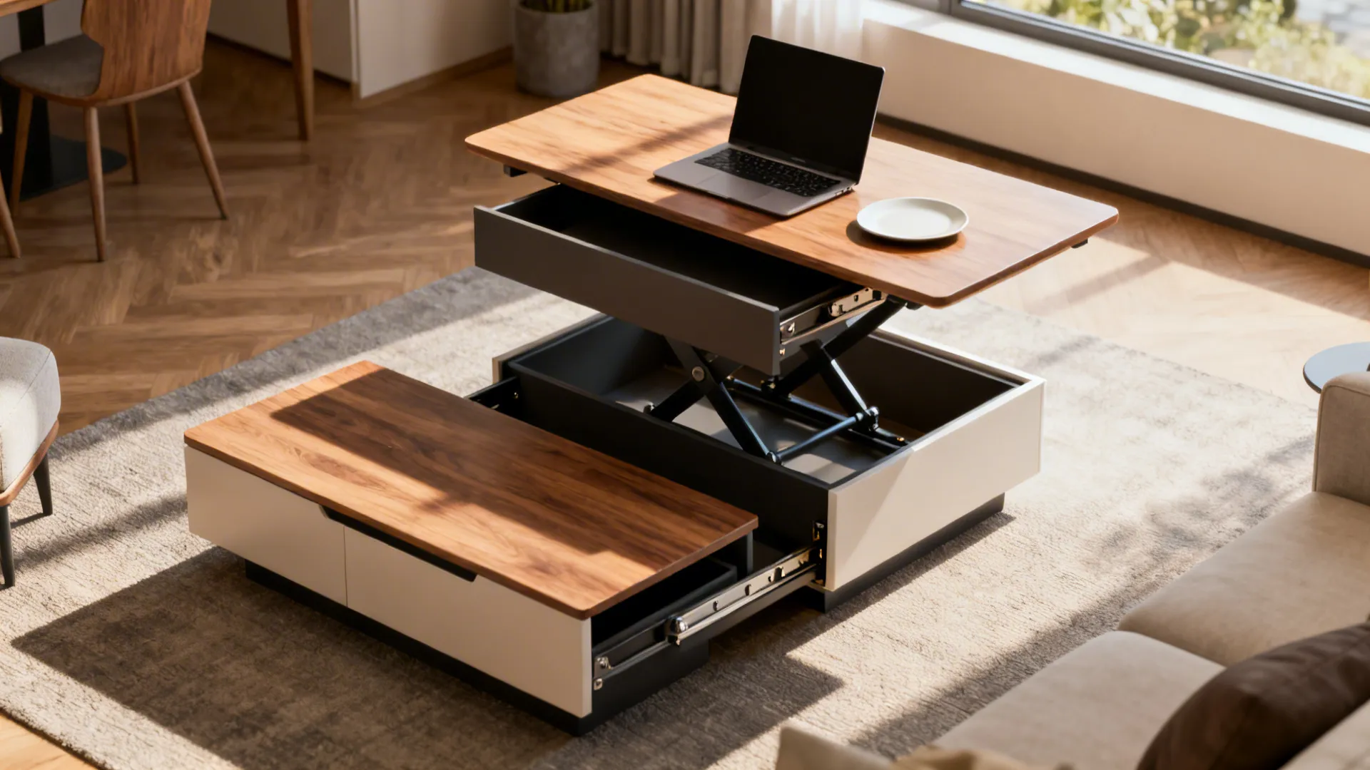 Convertible lift-top coffee table shown closed, mid-lift, and fully lifted in a small living room