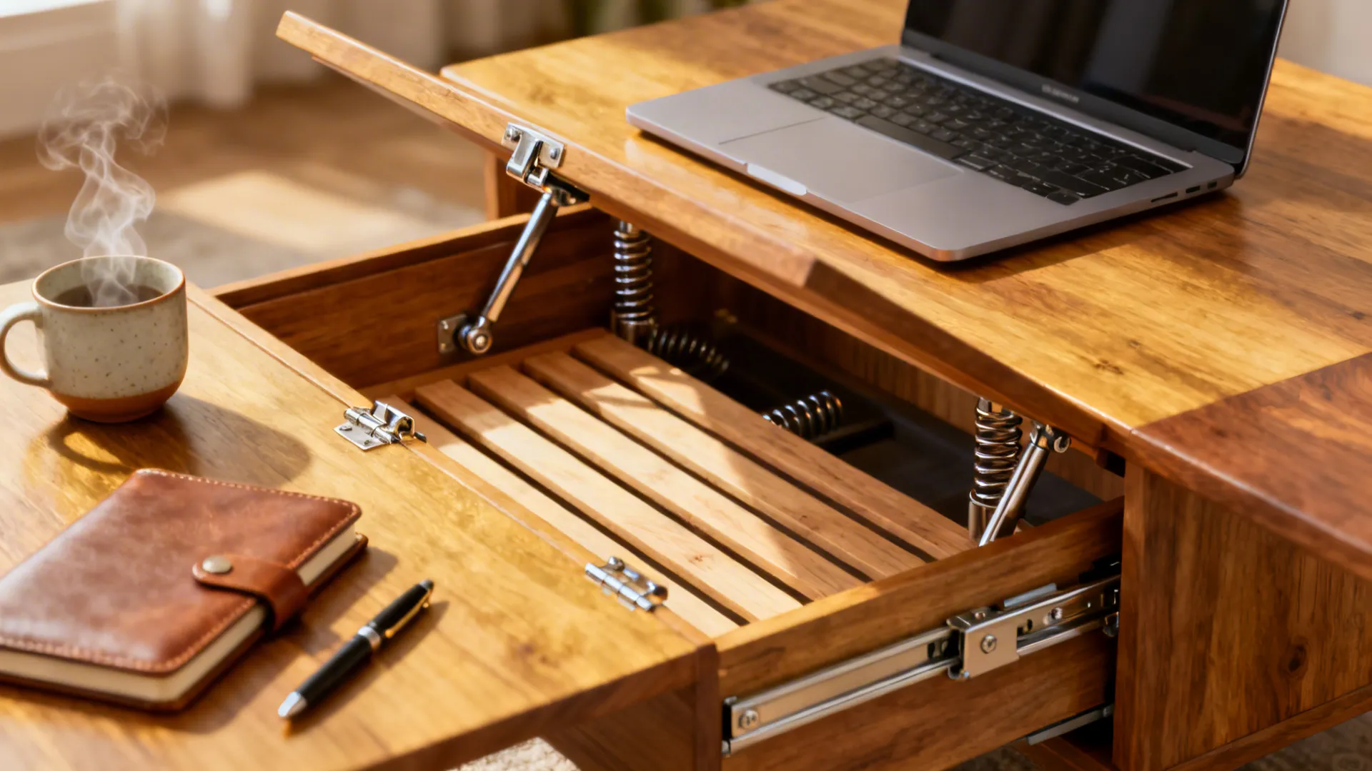 Lift-top coffee table partially raised to reveal storage and serve as a laptop surface