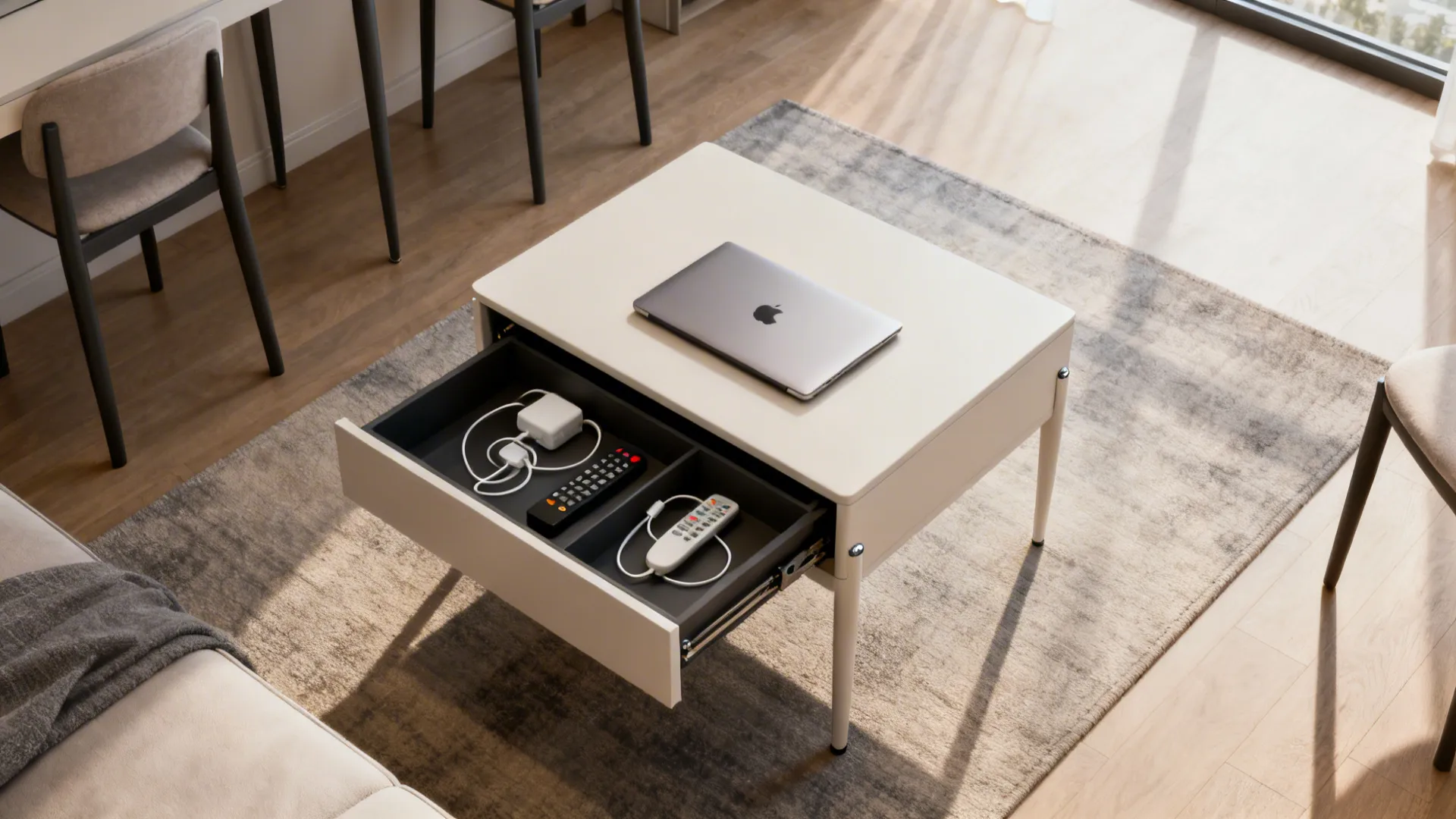 Top-down view of a lift-top coffee table with hidden storage in a small living room