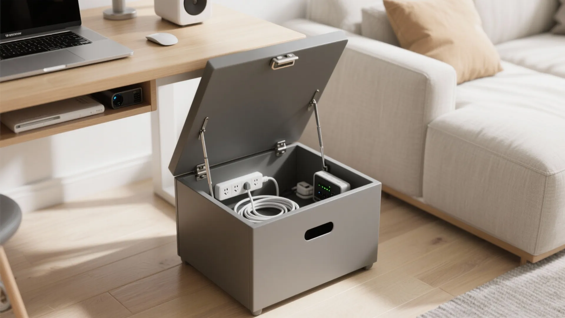 Top-down view of a lift-top chest with neat cable management and laptop setup.