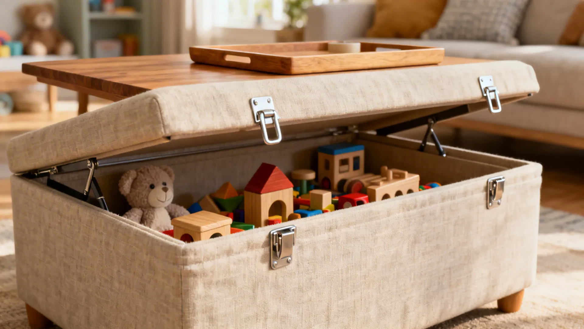 Open lift-top ottoman revealing tidy toy storage with a tray used as coffee table surface.