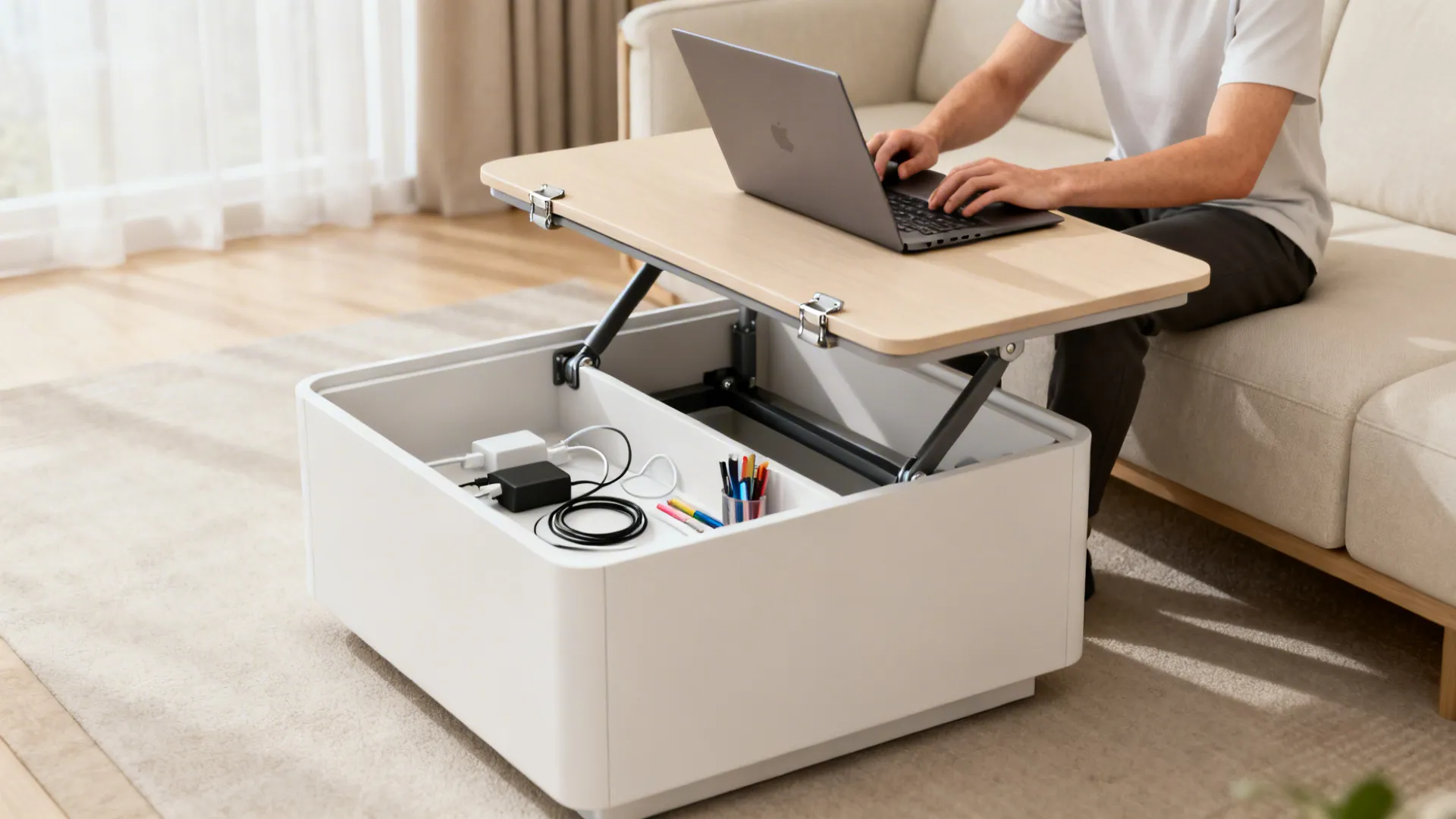 Man using laptop on white lift top coffee table with storage space inside living room scene