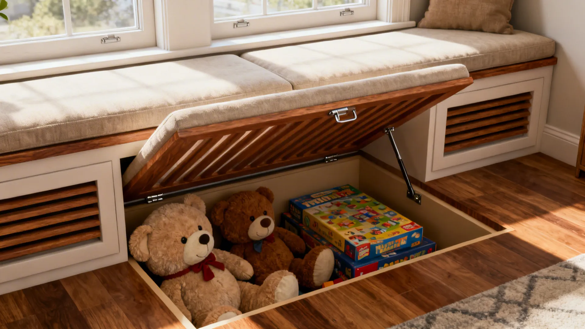 Built-in lift-up bench by a window revealing storage for toys and board games