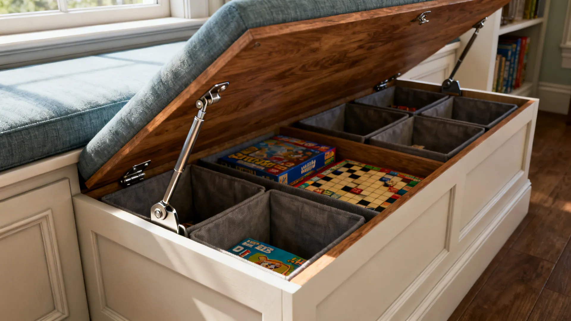 Built-in window bench with lift-up seat showing deep storage bins and soft-close hinges.