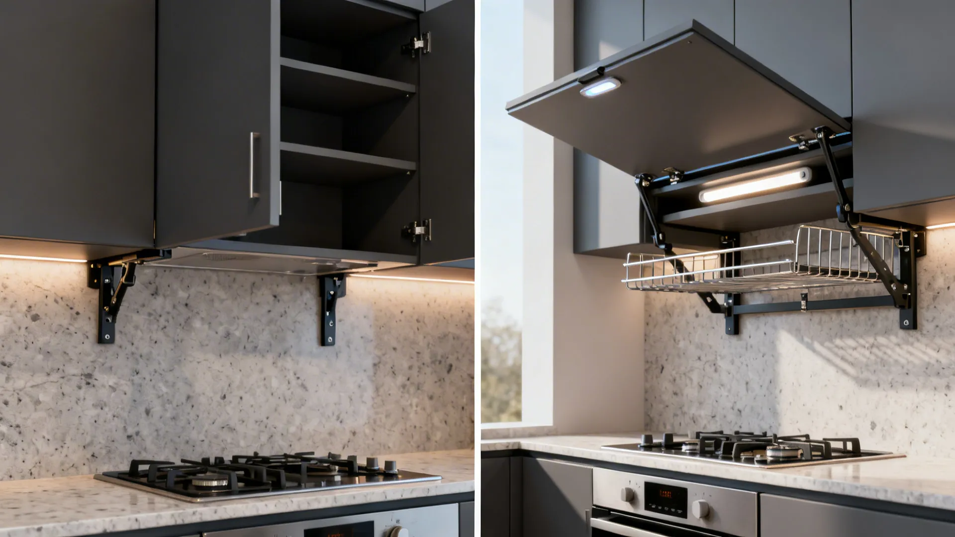 Before-and-after of upper cabinet over cooktop: side-hinged door vs lift-up bi-fold with organized interior.