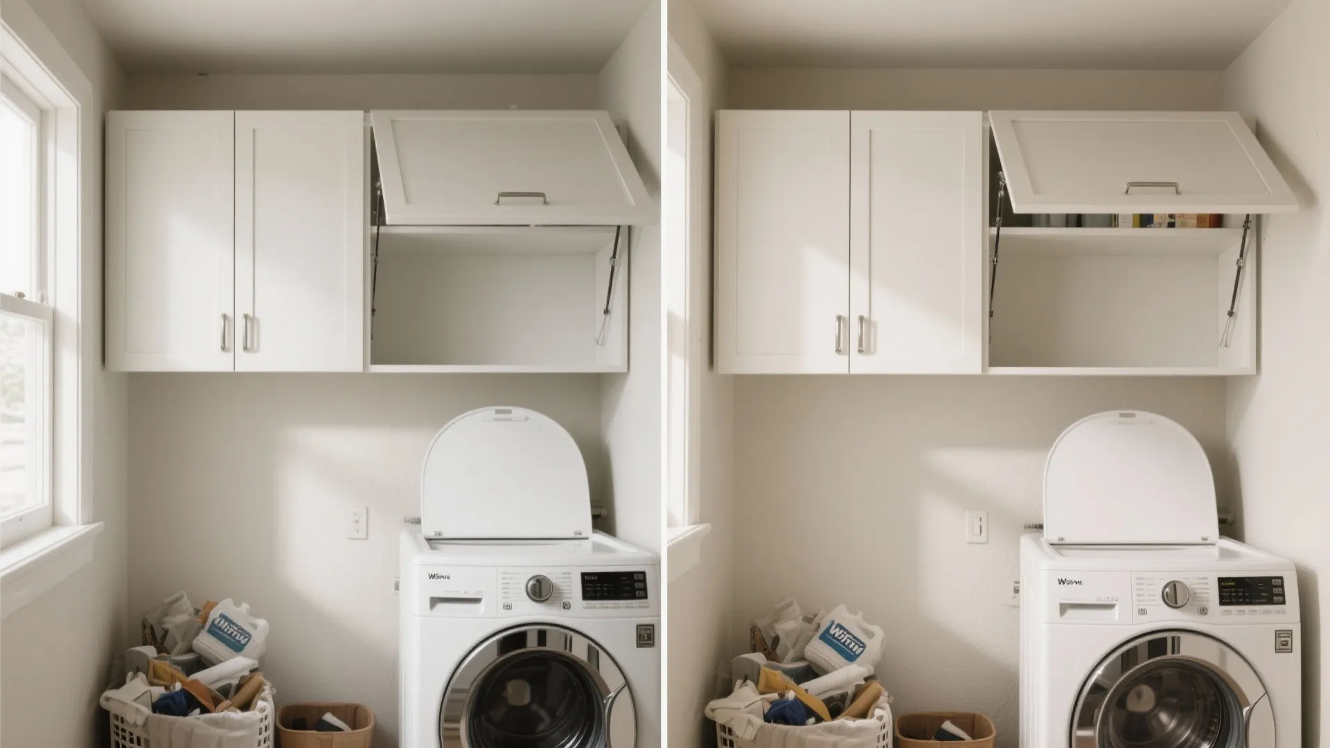 Shallow upper cabinets with lift-up doors