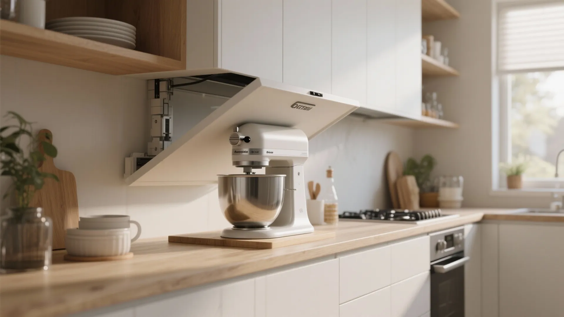 White food mixer under a lift up cabinet door on a wooden kitchen counter top