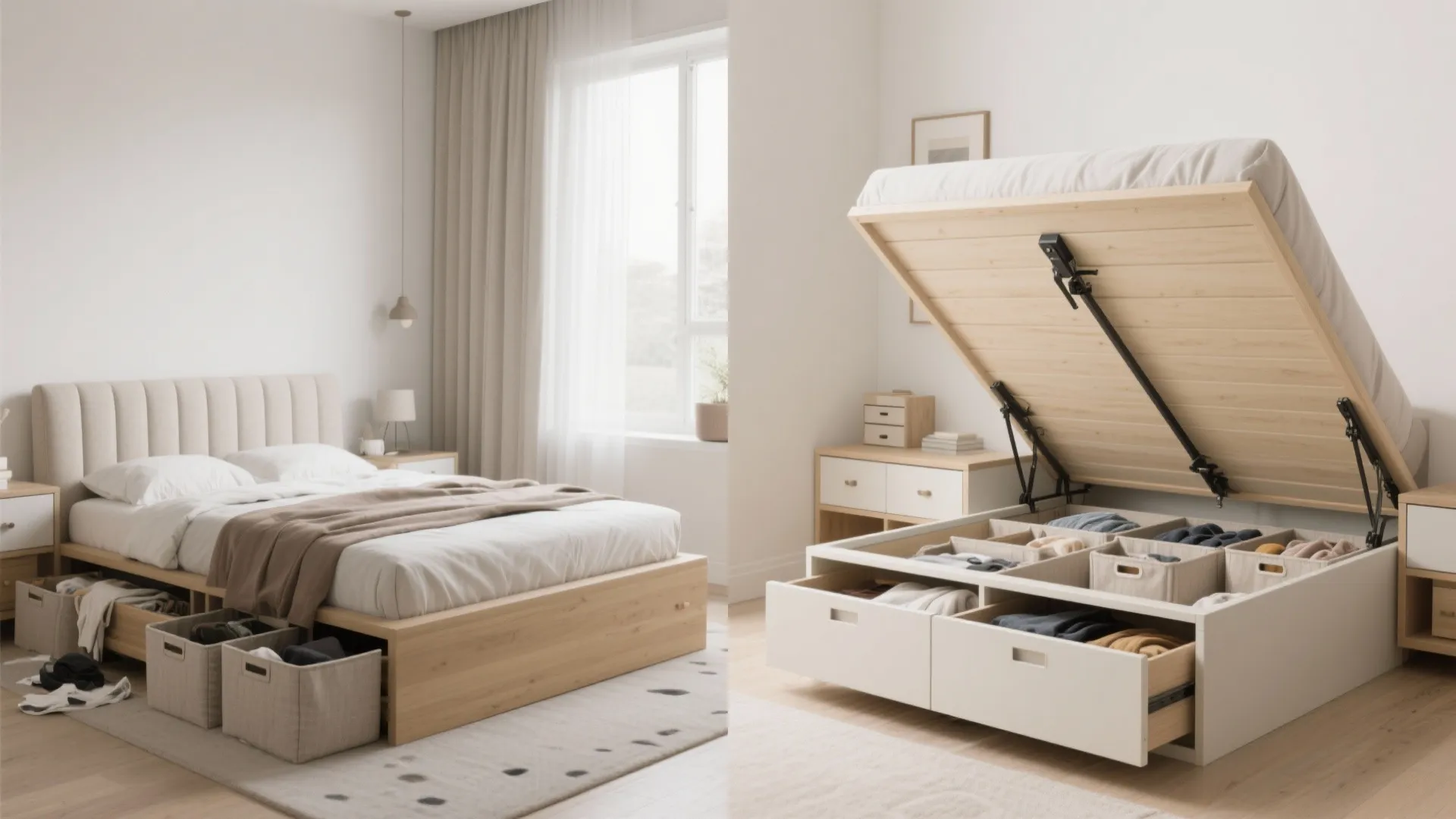 Lift-up platform bed revealing organized under-bed storage in a compact room.