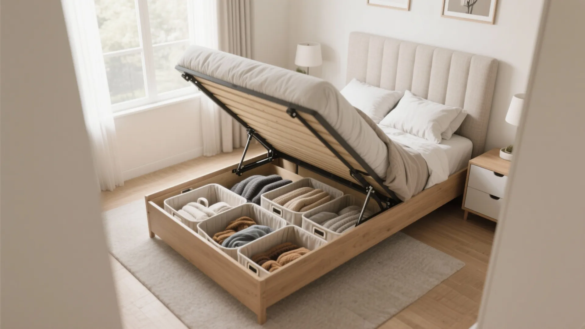 Top-down view of a lift-up queen bed showing under-mattress storage in a small room.