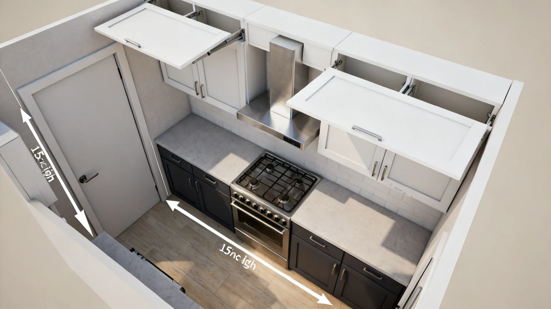 Top-down view showing horizontal lift-up uppers clearing the aisle near the range and hood.