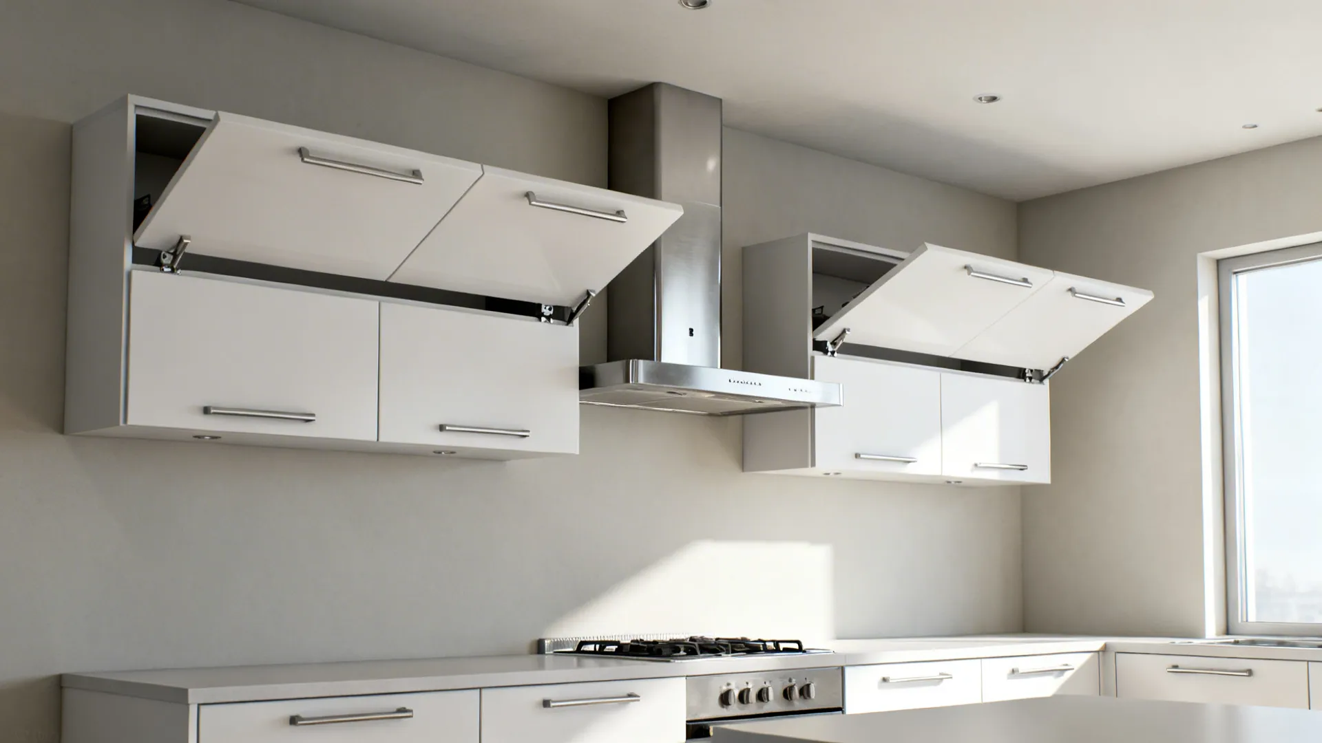 Small kitchen with horizontal lift-up upper cabinets that open upward under a low ceiling.