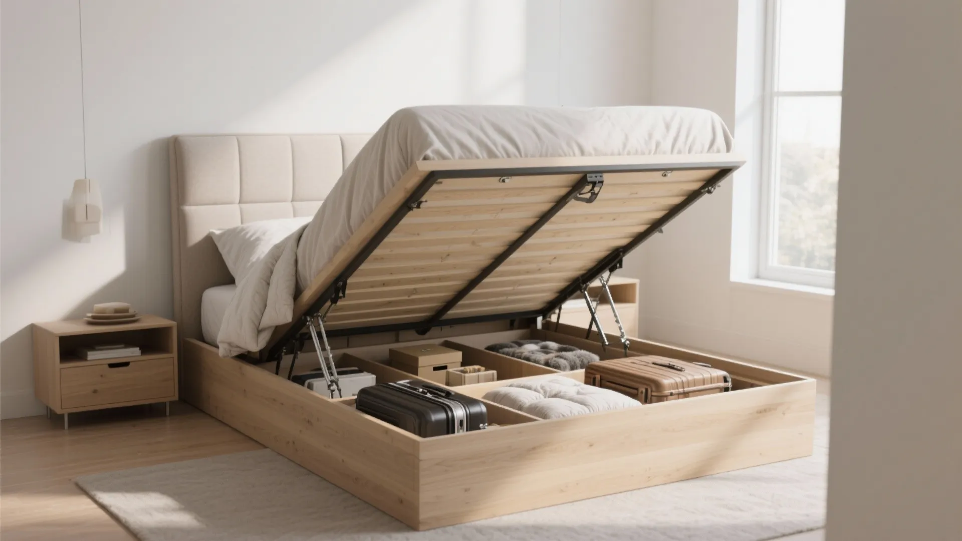 Wooden bed with lifted mattress showing internal storage space filled with suitcases and small storage boxes
