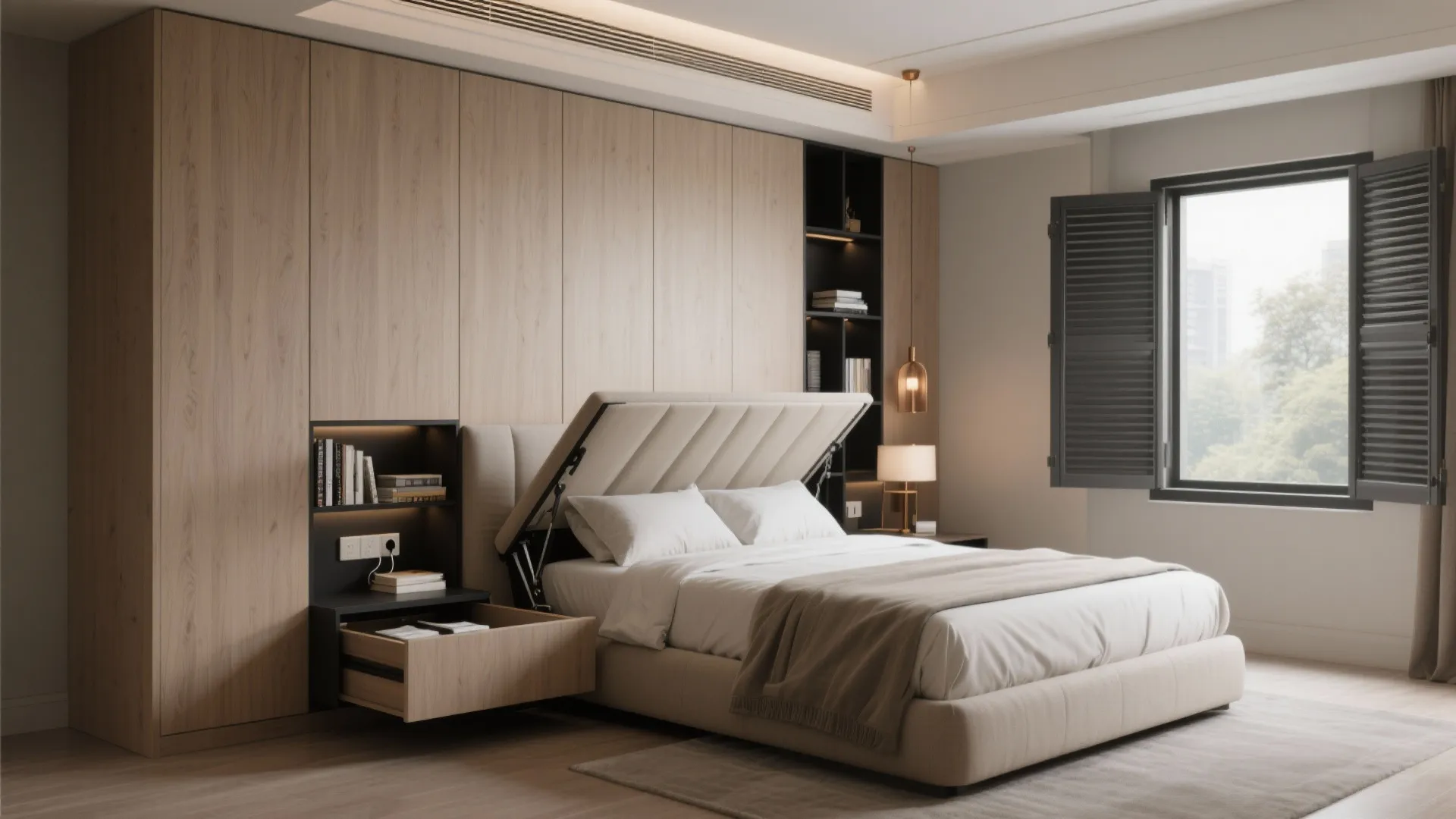 3) Storage walls and a lift-up bed in the master