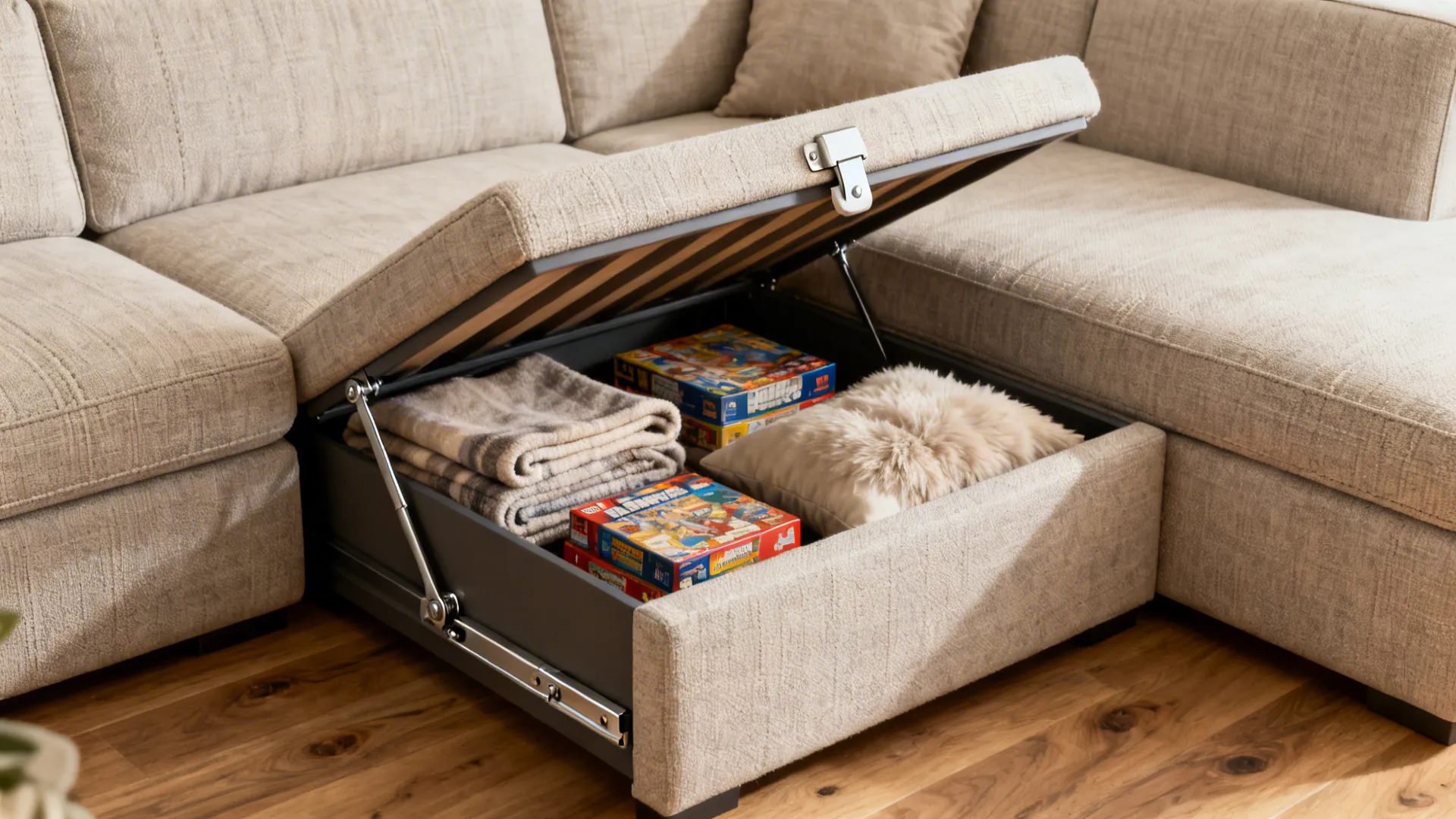 Close-up of a lift-up chaise on an L-shaped sofa showing organized storage.