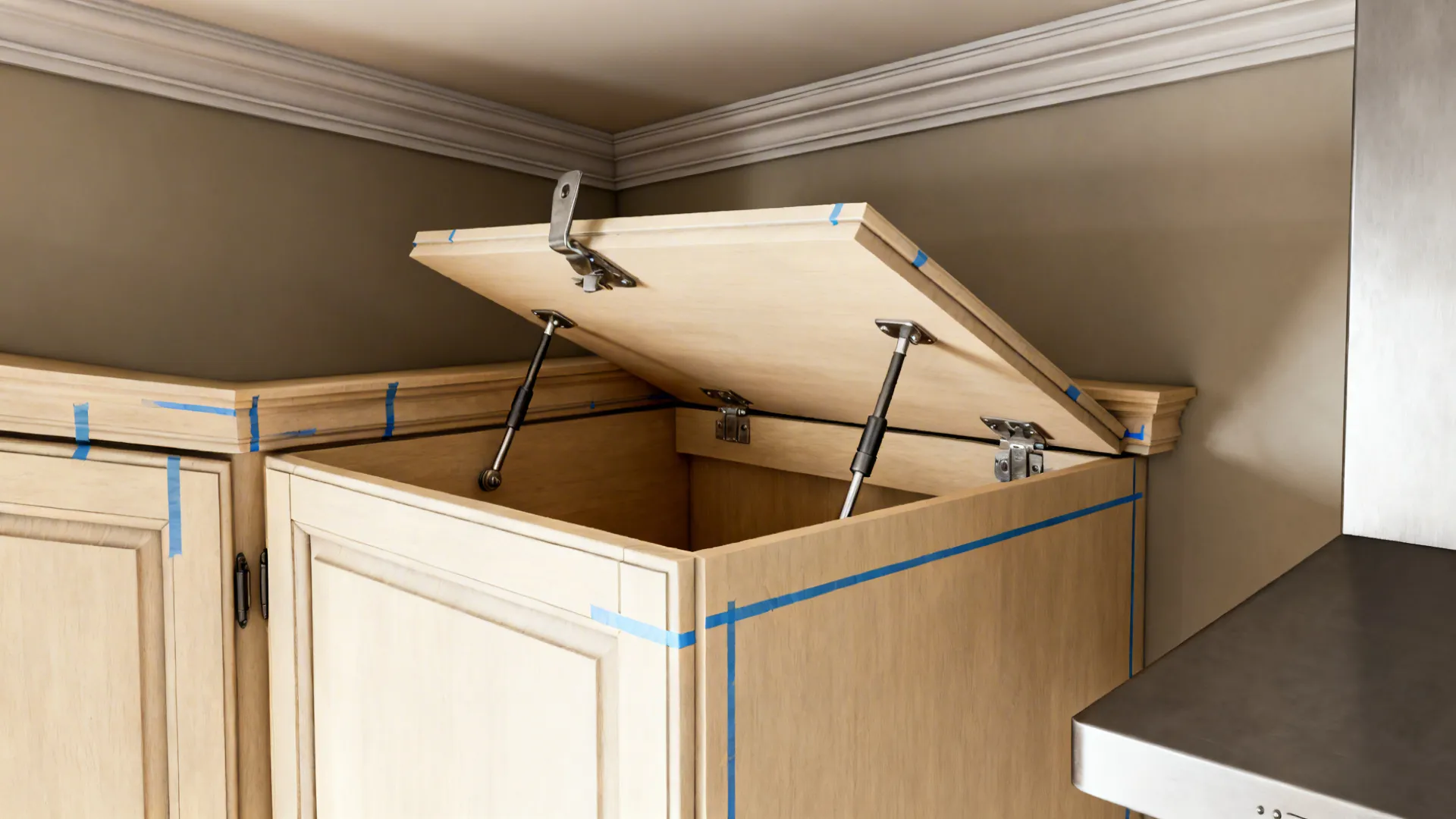 Top-down view illustrating lift-up door clearance relative to crown molding in a corner.