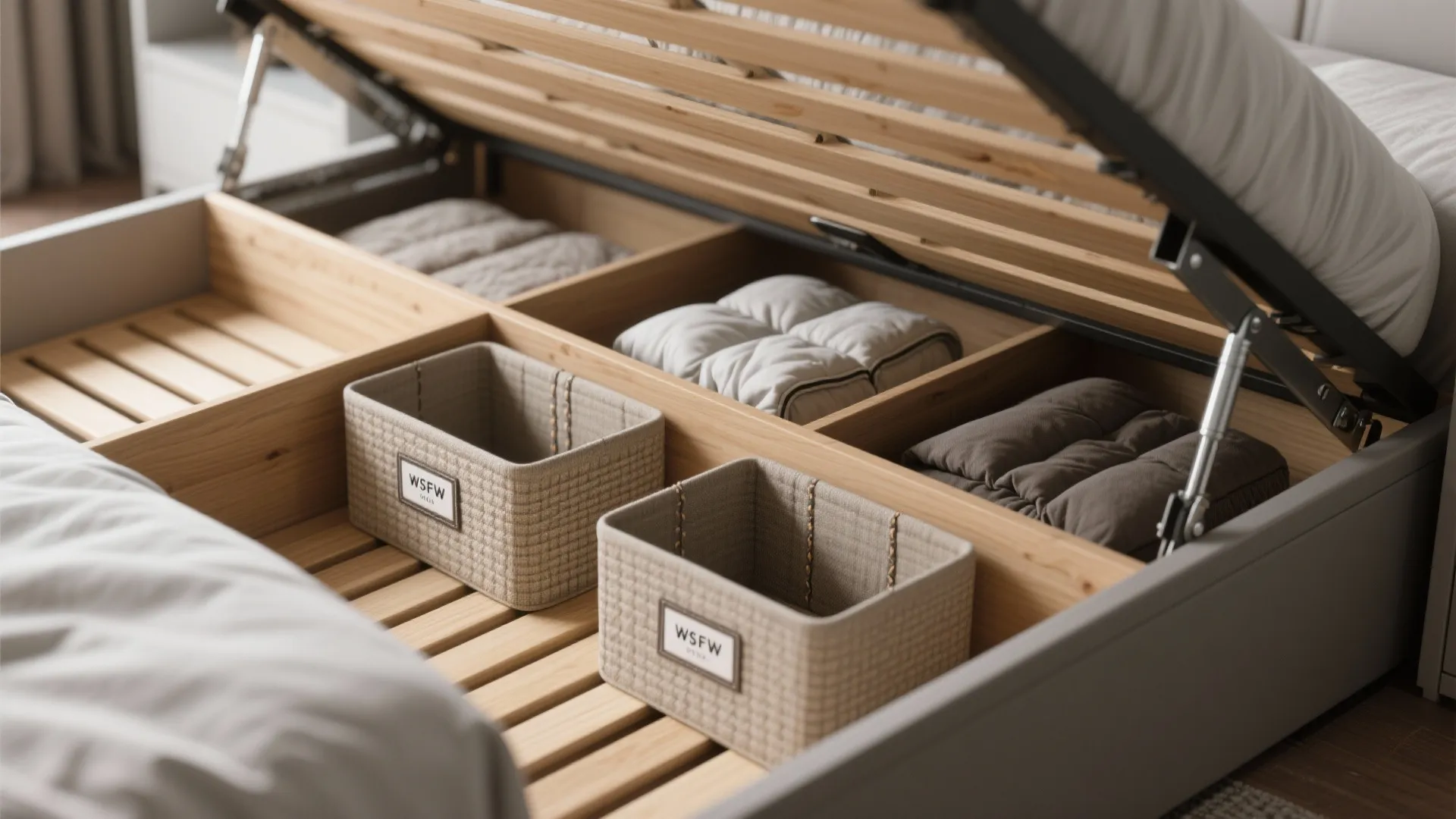 1. Lift-up platform bed with divided compartments