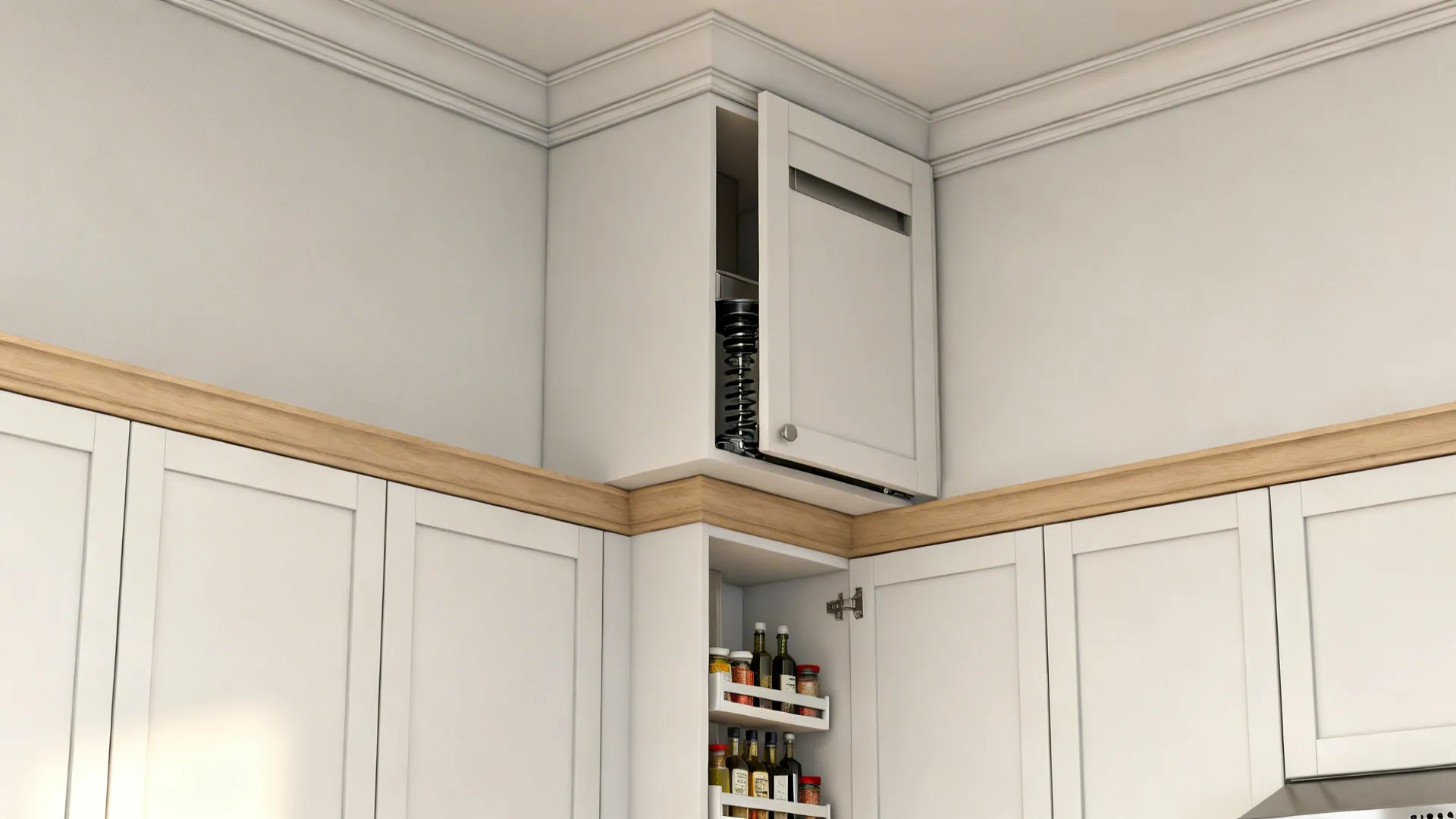 Upper corner cabinet with a horizontal lift-up door clearing the aisle near a range hood.