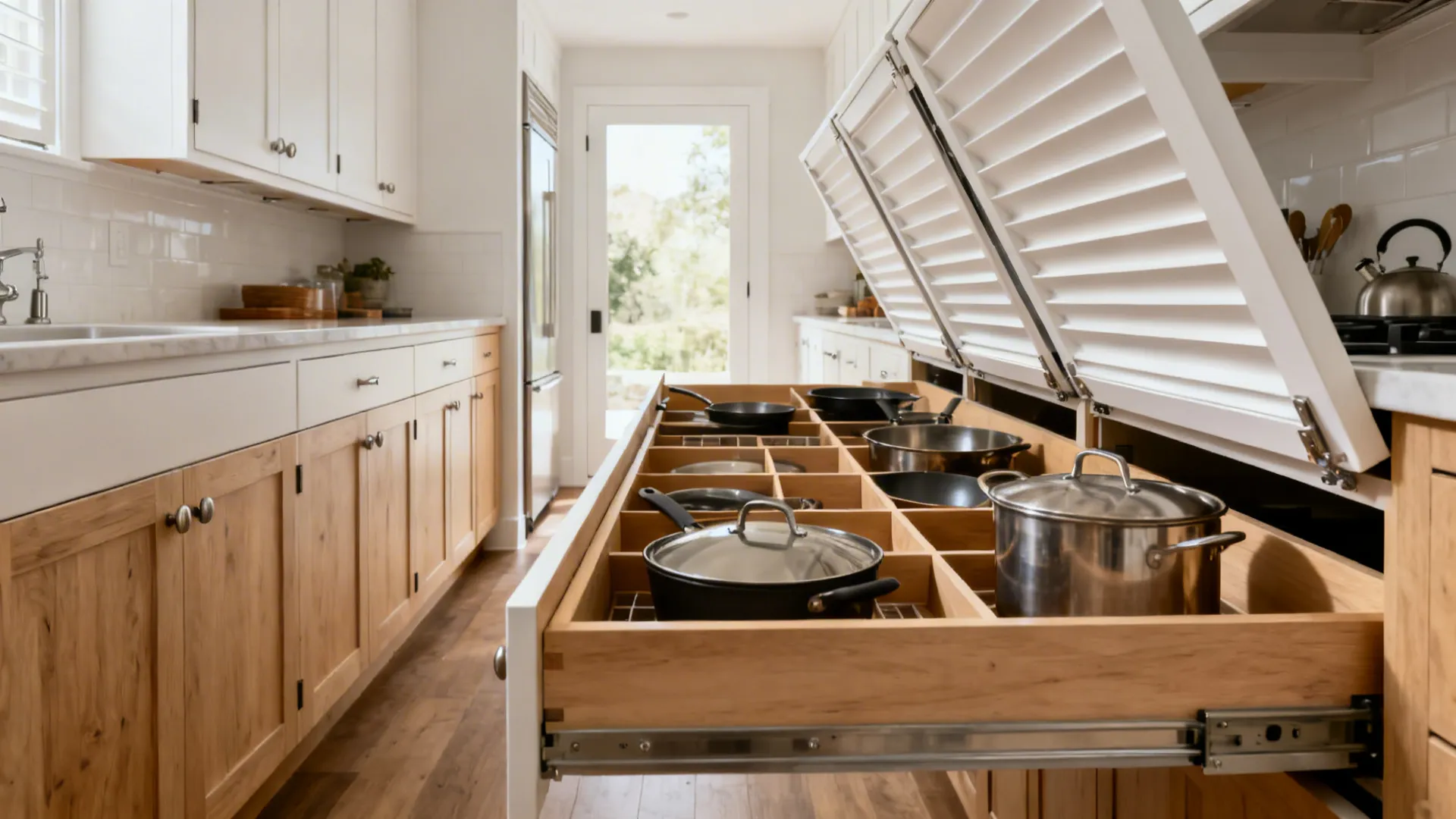 Before-and-after showing doors replaced by deep drawers and lift-up overheads clearing the aisle.