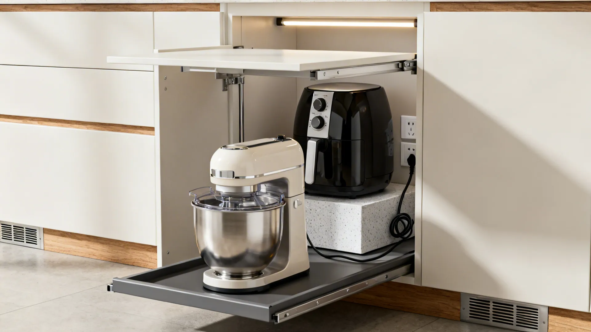 Pull-out appliance garage with a lift-up door holding a mixer grinder and air fryer with clear ventilation.