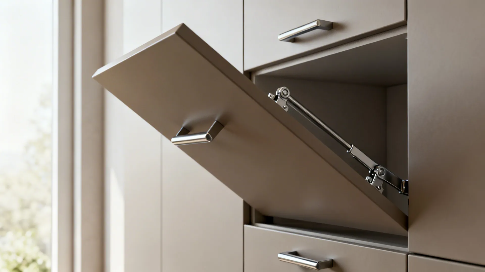 Close-up of a lift-up cabinet door mechanism with motion-assist and soft-close hardware.