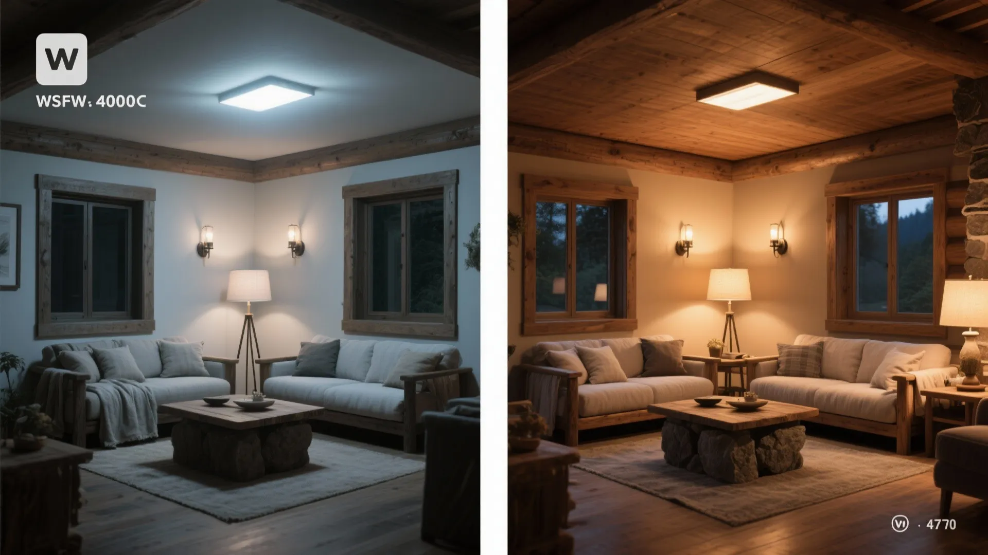 Layered lighting at 2700K for an evening cabin glow