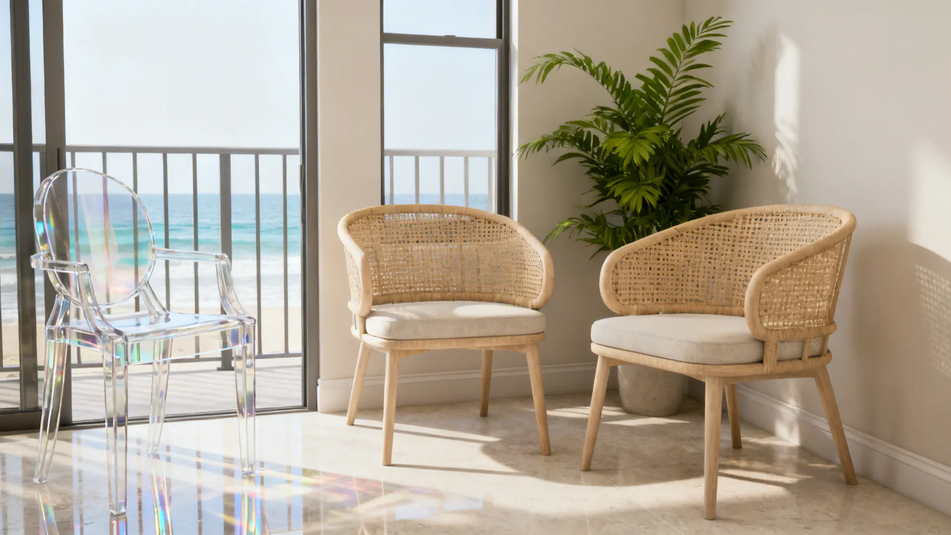 Two light-scale rattan accent chairs and an acrylic chair keeping sightlines open in a small living space.