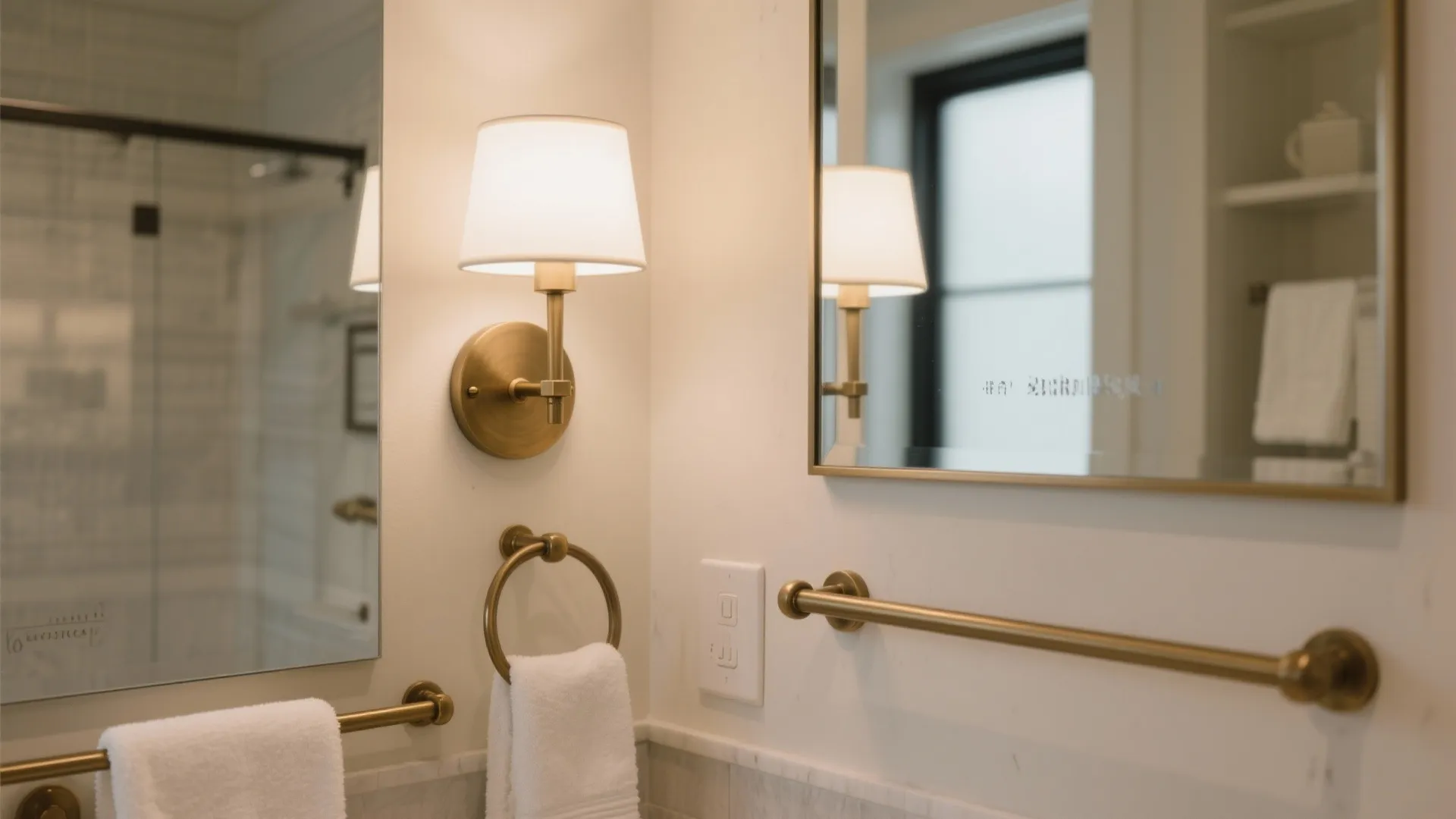 Close up of bathroom wall with brass wall light mirror towel ring and white towel