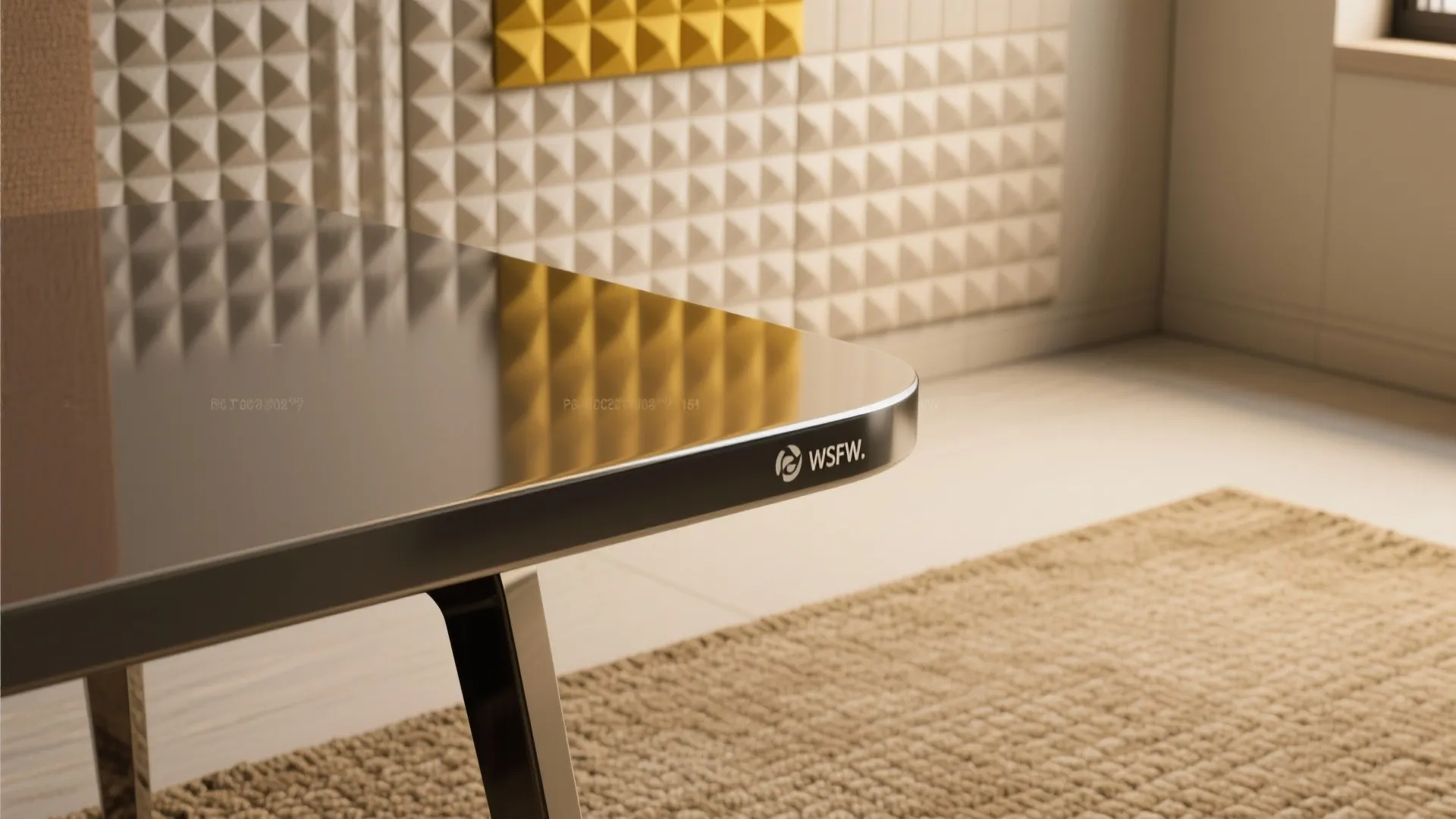 Close-up of a glossy tabletop beside an acoustic wall panel and woven rug showing light and sound balance.