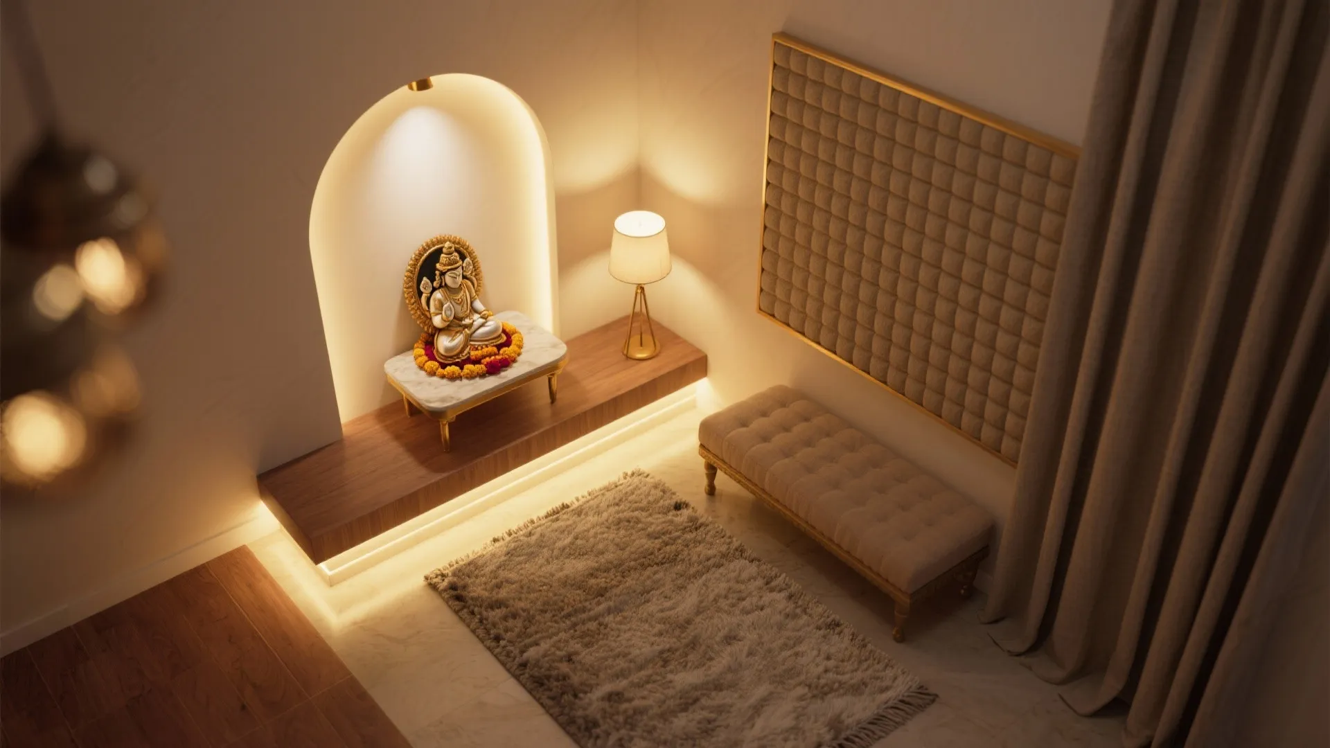 Layered lighting and quiet acoustics