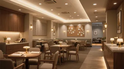 Warm Modern Lounge Design with Wood Accent & Ambient Lighting