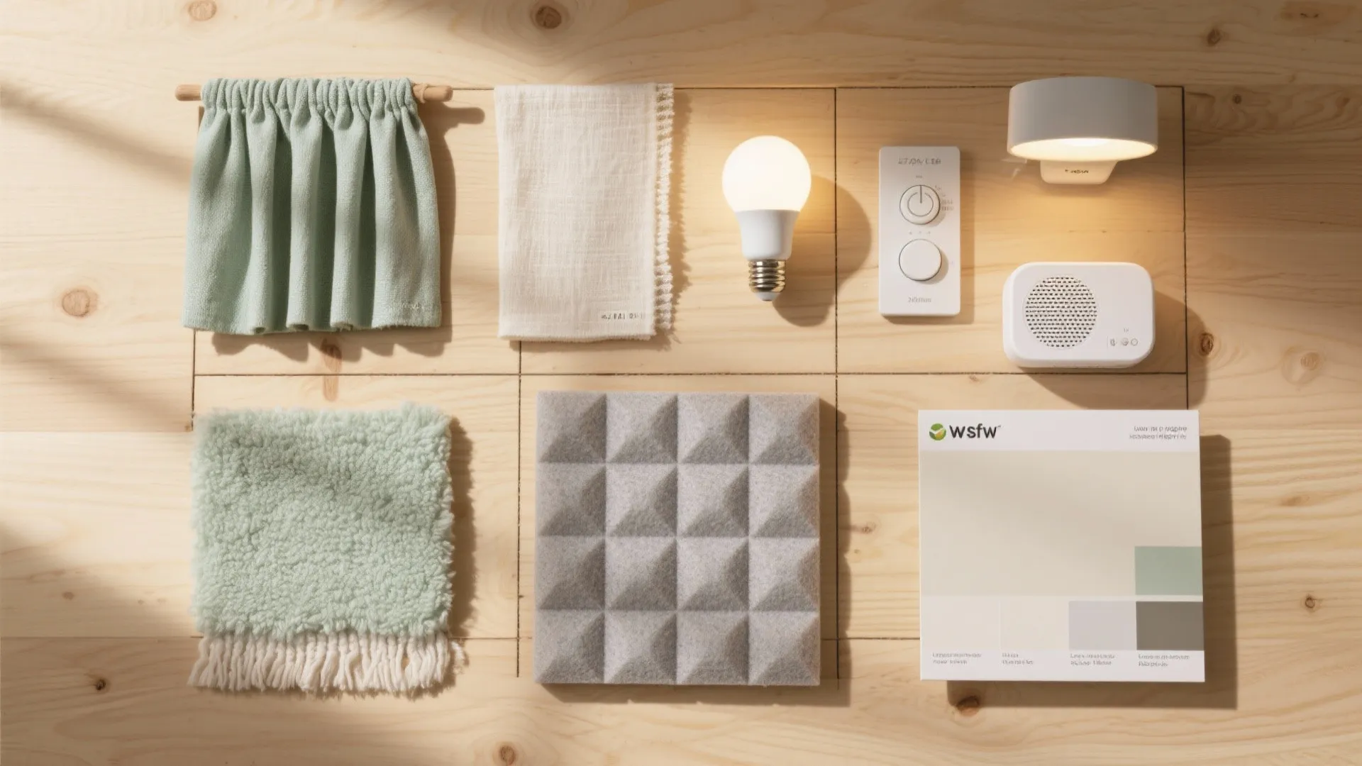 Interior design material board with light bulb fabric samples wall panel and color palette cards