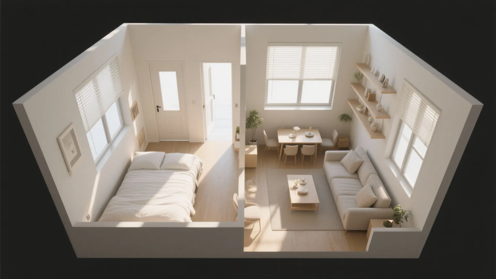 Modern apartment interior design drawing showing a sunlit bedroom next to a cozy living room