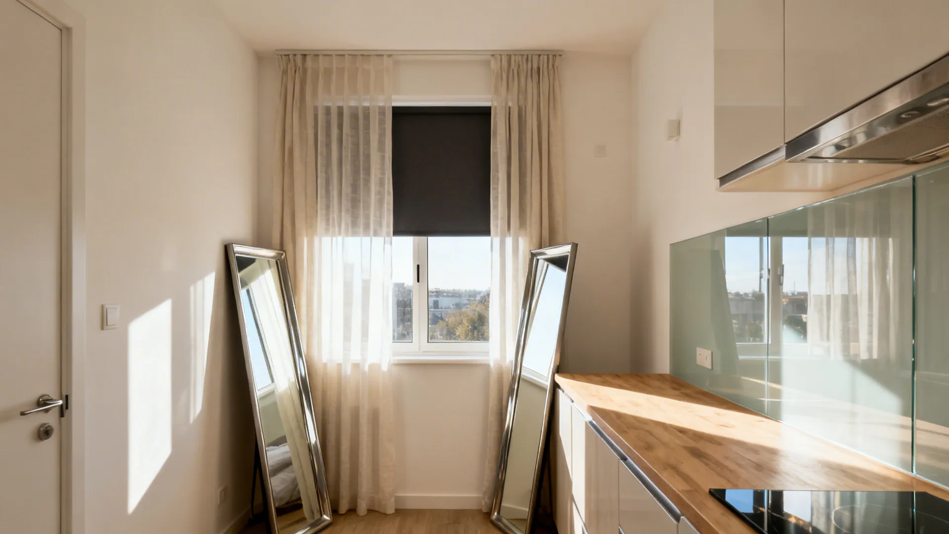 Sheer curtains, a side-wall mirror, and a glass backsplash expand light in a small studio.