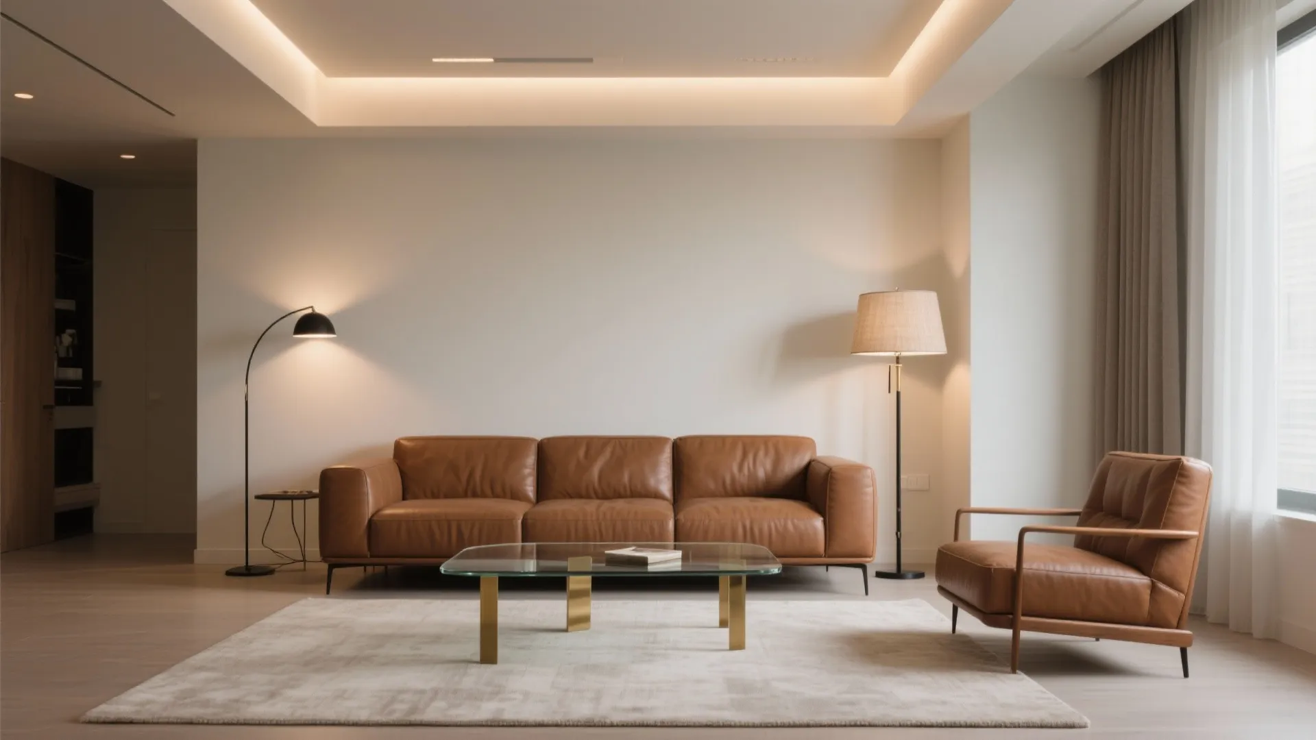 Modern living room with brown leather sofa glass coffee table floor lamps and a large rug