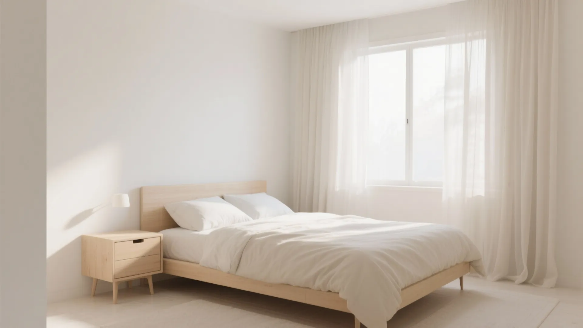 Minimalist bright bedroom featuring wooden bed frame, white bedding, nightstand, small lamp, and white curtains
